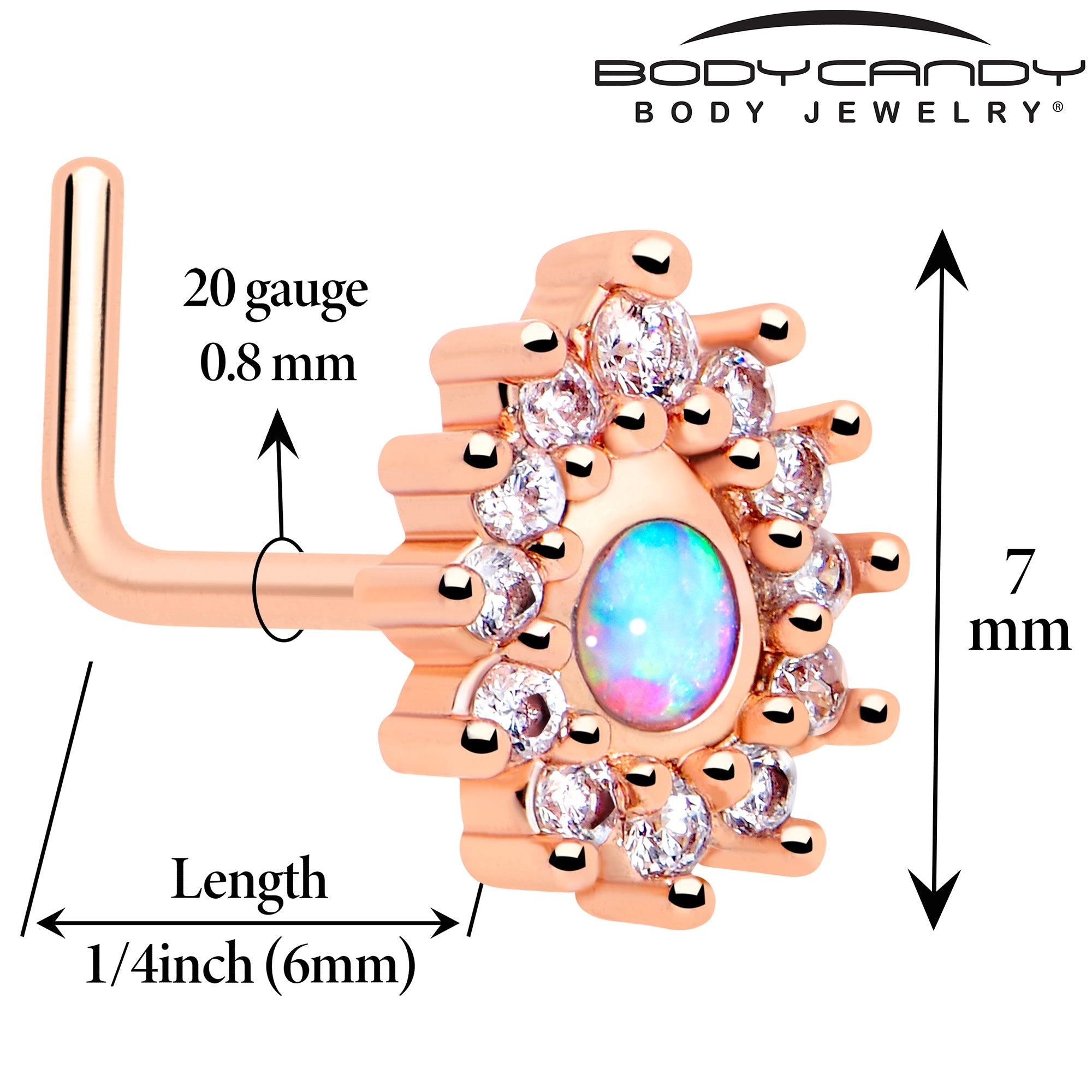 20G 7mm White Synthetic Opal Rose Gold Tone Lush L Shape Nose Ring