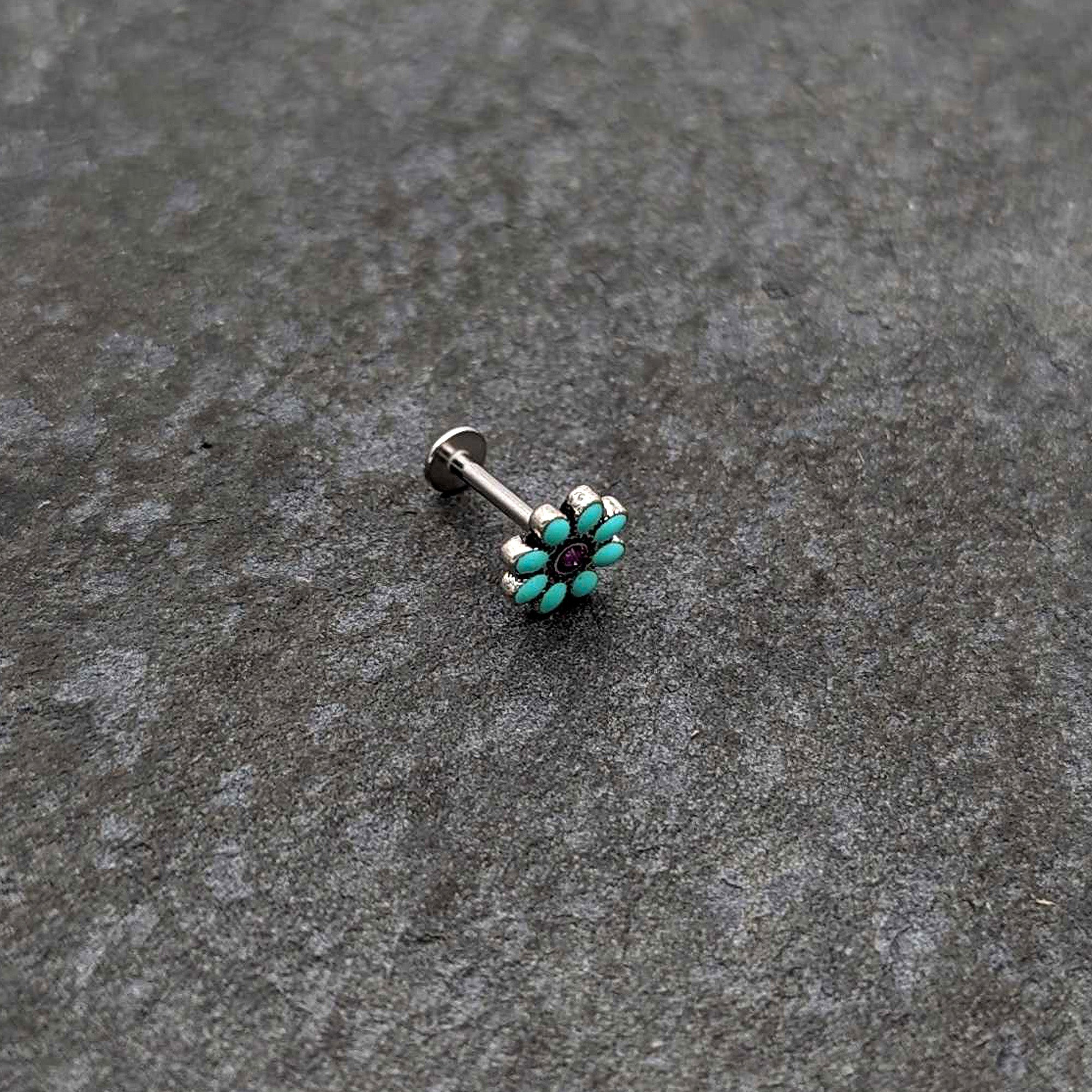 16G 5/16 Blue Gem Flower Teal Petals Labret Monroe Tragus