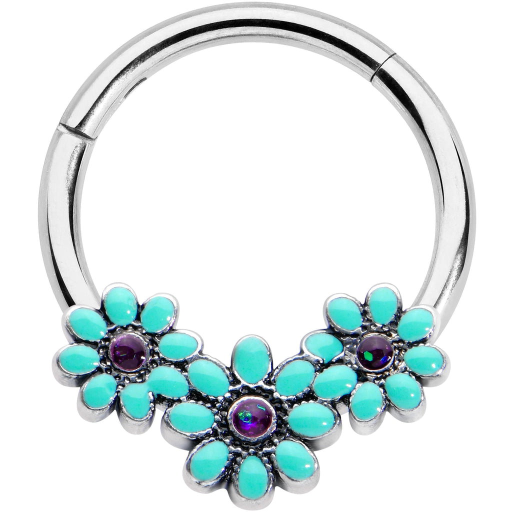 16G 3/8 Blue Gem Flower Trio Teal Petals Hinged Segment Ring