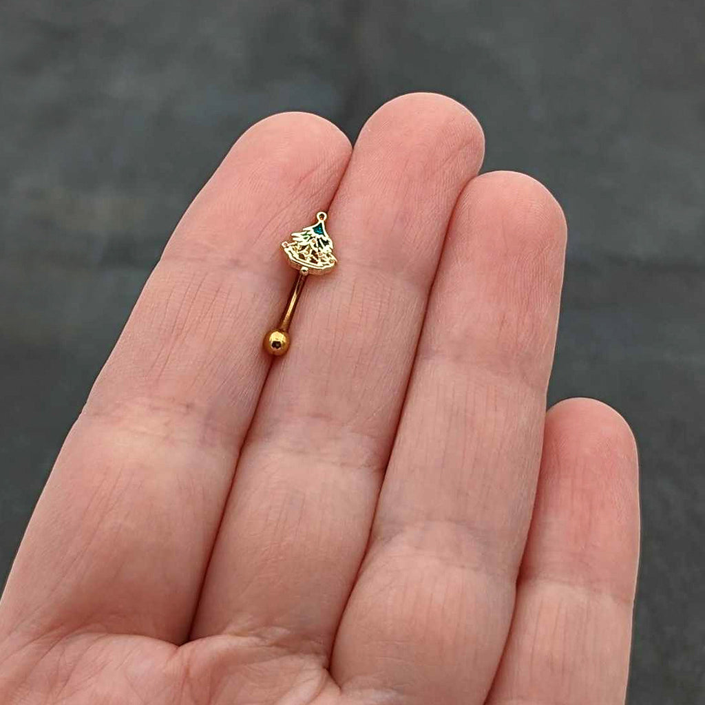 16G 5/16 Red Gem Gold Tone Deco Holiday Tree Curved Eyebrow Ring