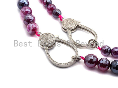 Purple Pink Agate Attachment Necklace with Large CZ Pave Silver clasp, 18 long, 8mm/10mm beads size, sku#D48