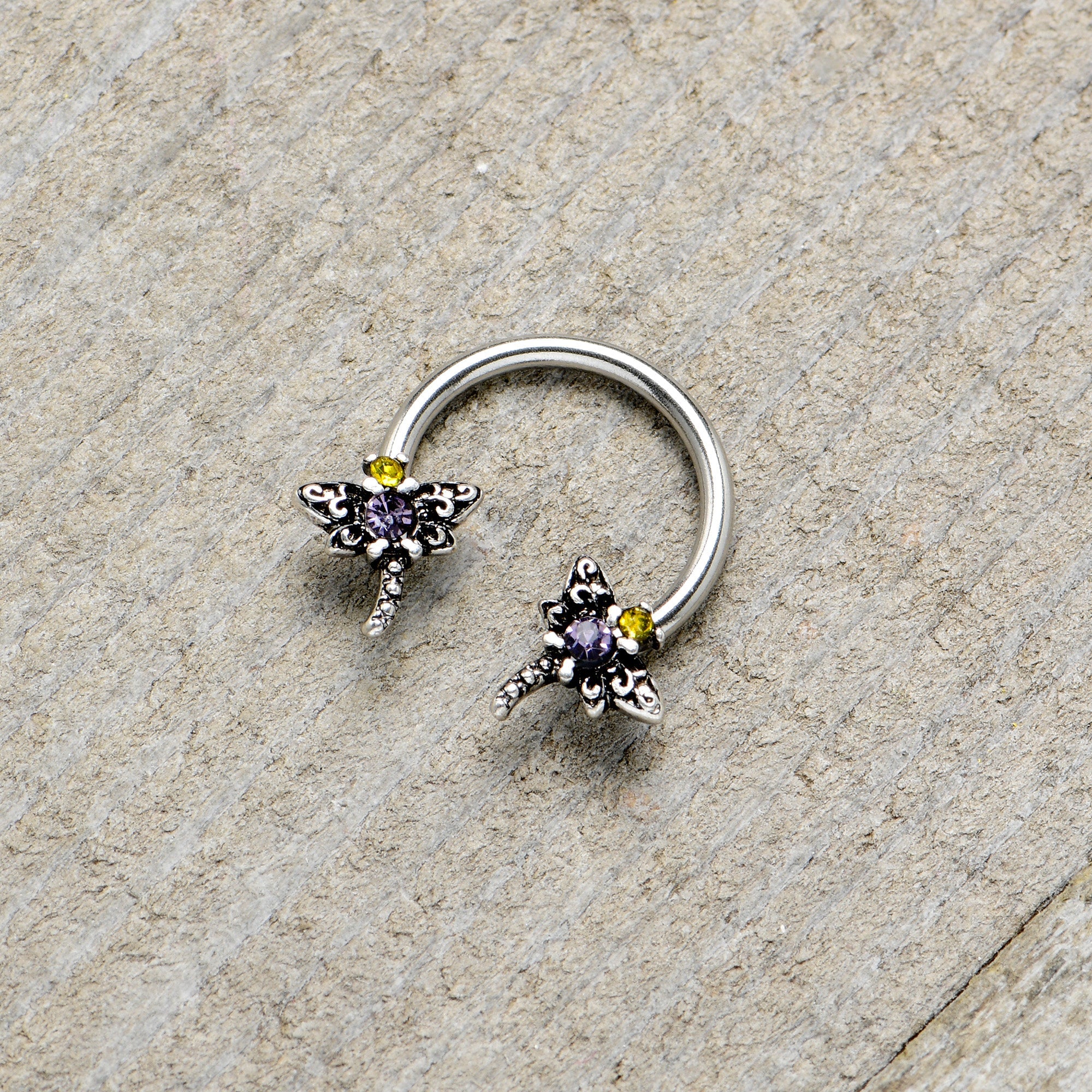 16G 3/8 Purple Yellow Gem Dragonfly Horseshoe Circular Barbell