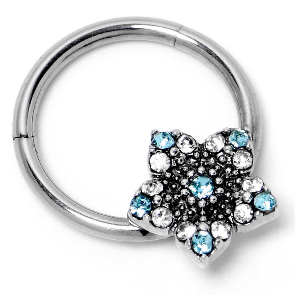 16G 3/8 Blue Clear Gem Opulent Flower Hinged Segment Ring