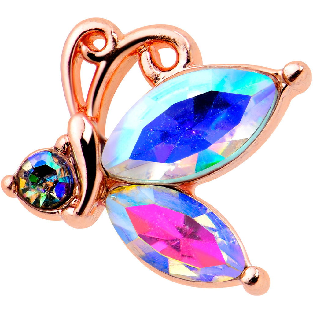20G 7mm Aurora CZ Gem Fleur de Lis Rosy Butterfly L Shape Nose Ring