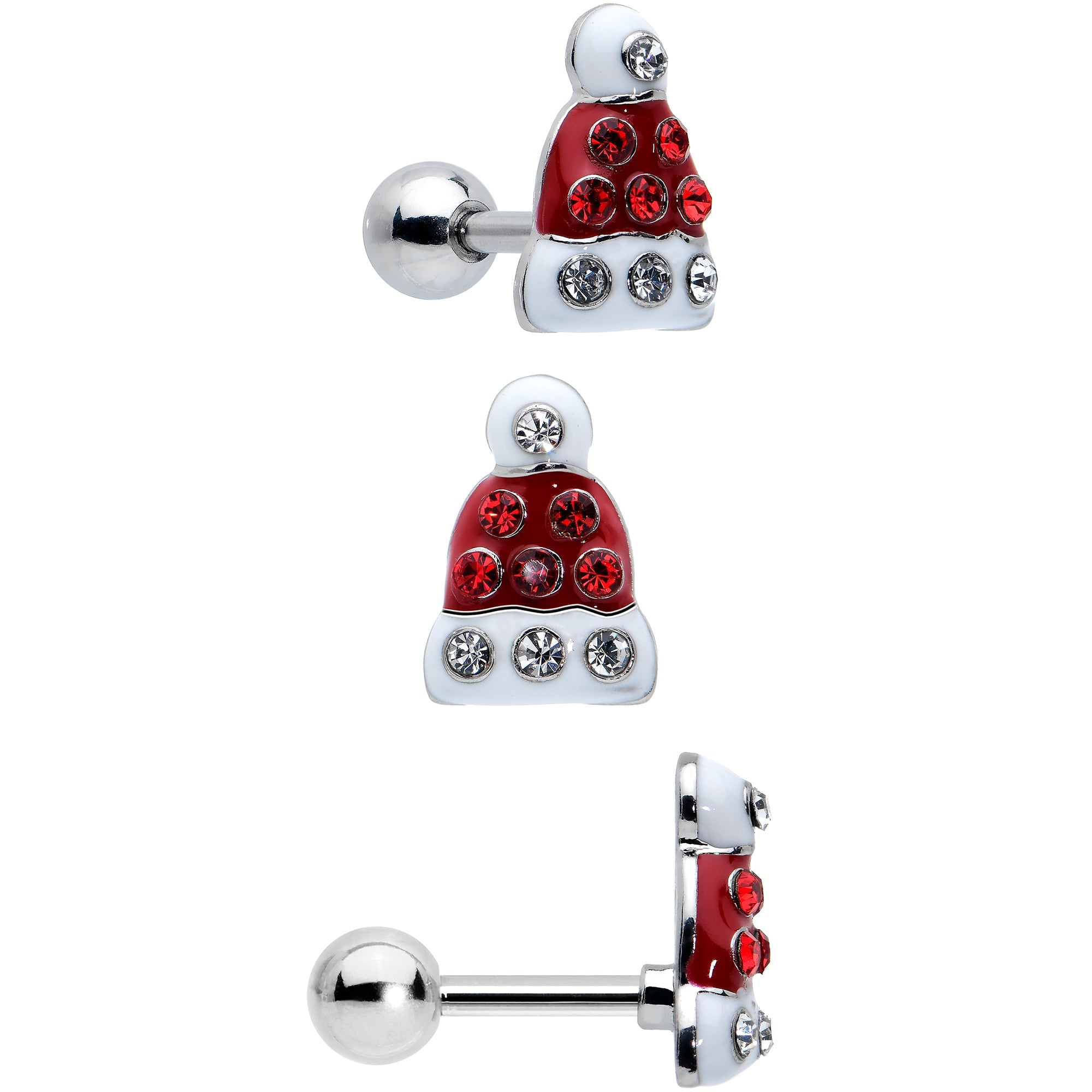 16G 1/4 Red Gem Santa Hat Holly Sprig Cartilage Earring Set of 3