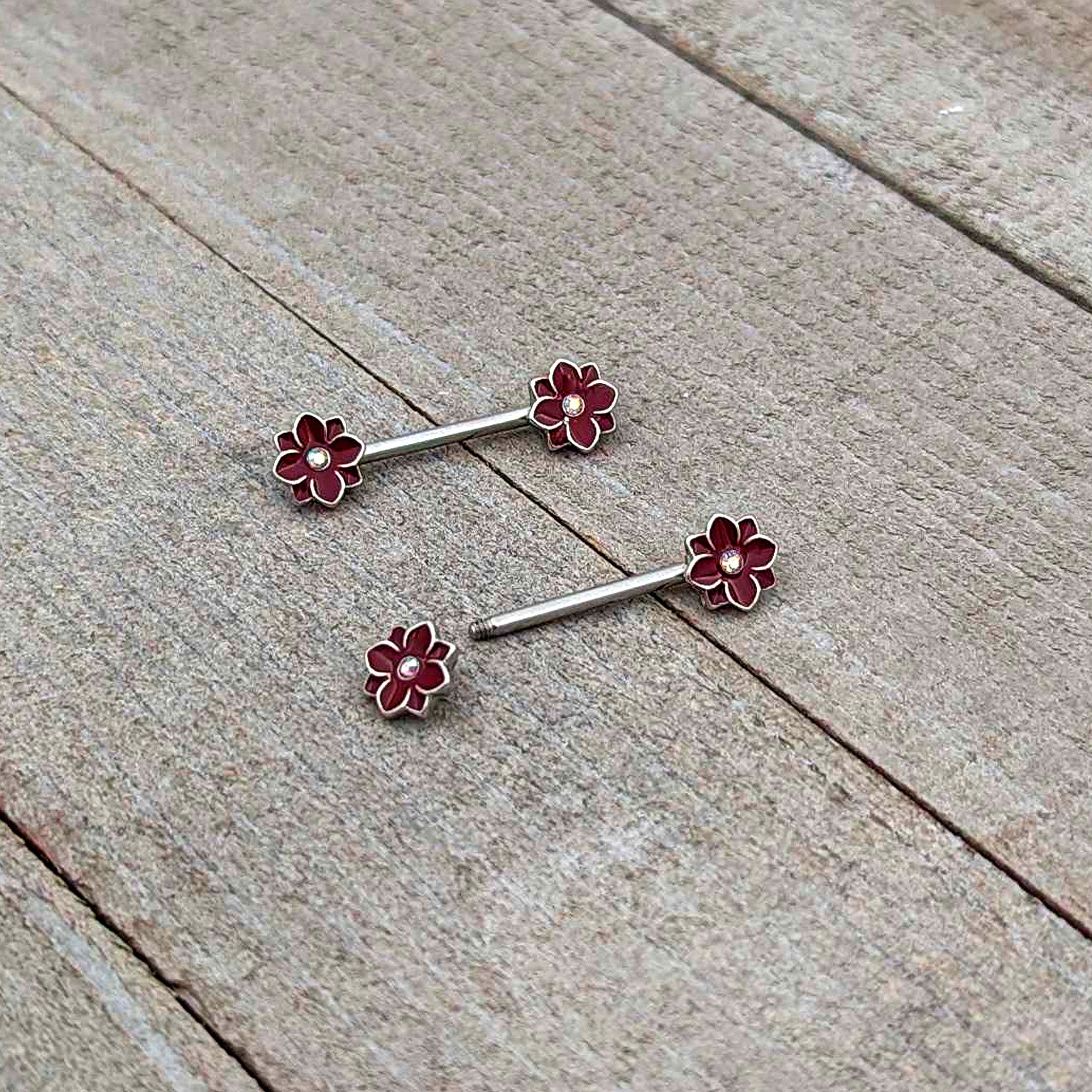 14G 9/16 Aurora Gem Poinsettia Flower Barbell Nipple Ring Set