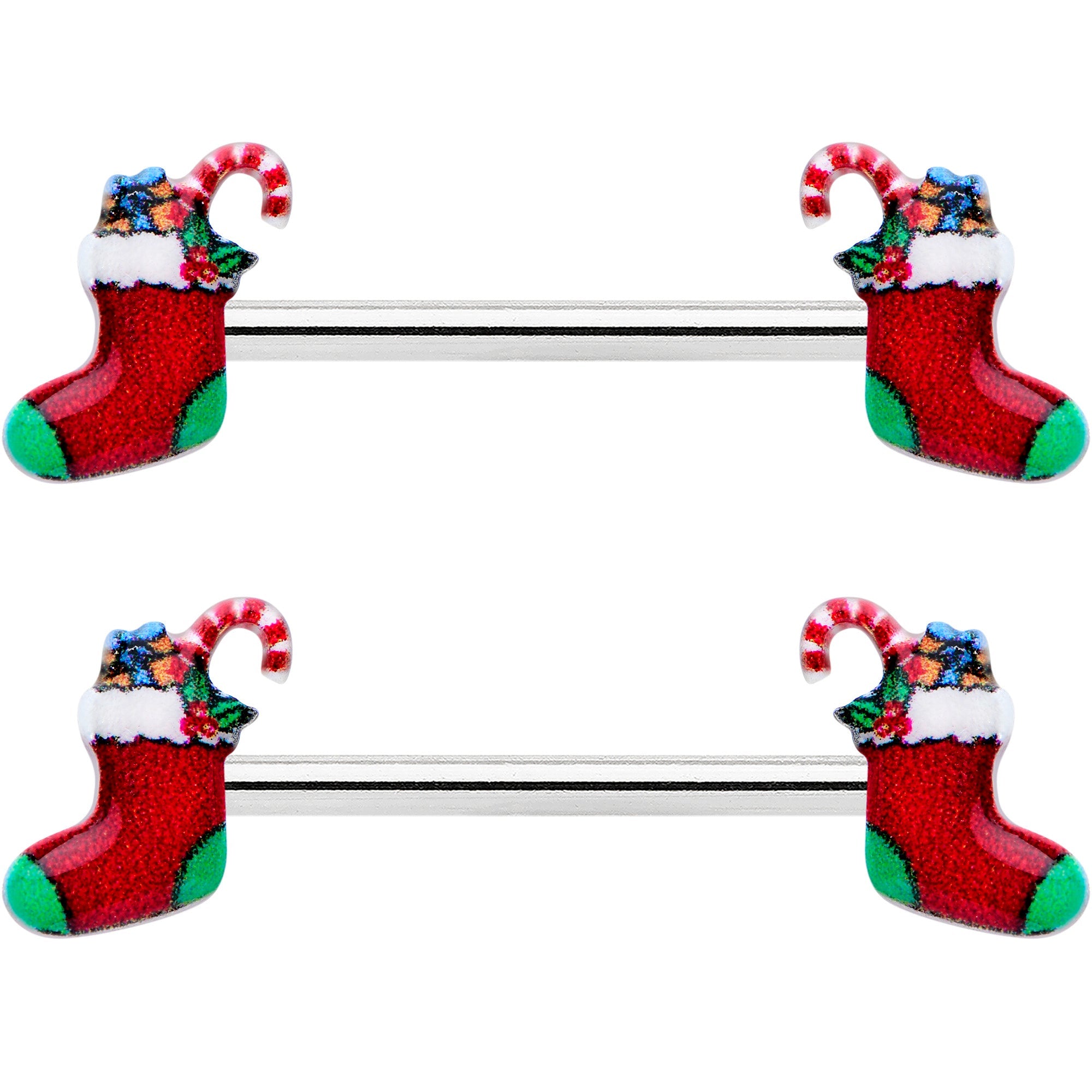 14G 9/16 Cheery Christmas Stocking Red Barbell Nipple Ring Set