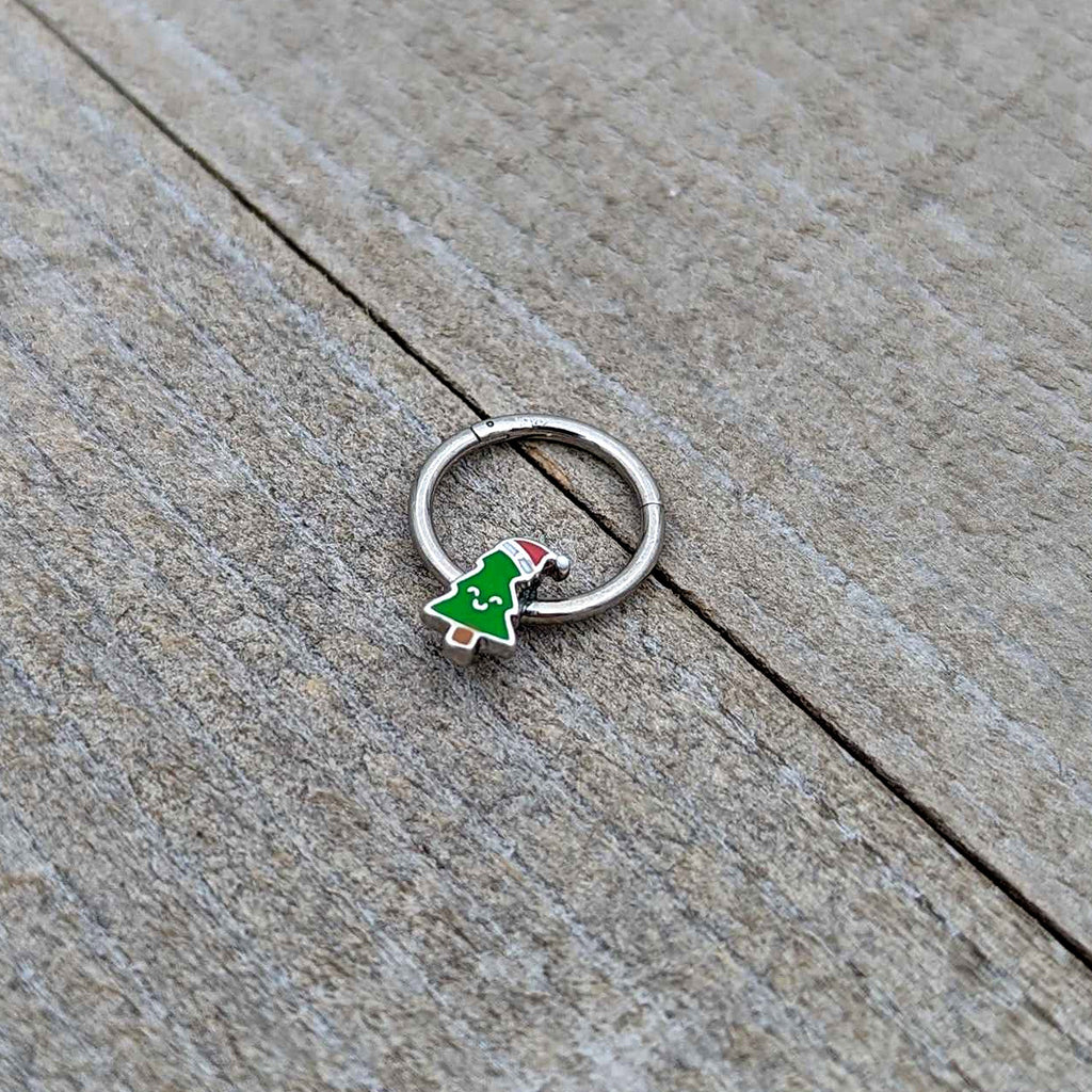 16G 3/8 Happy Christmas Tree Holiday Hat Hinged Segment Ring