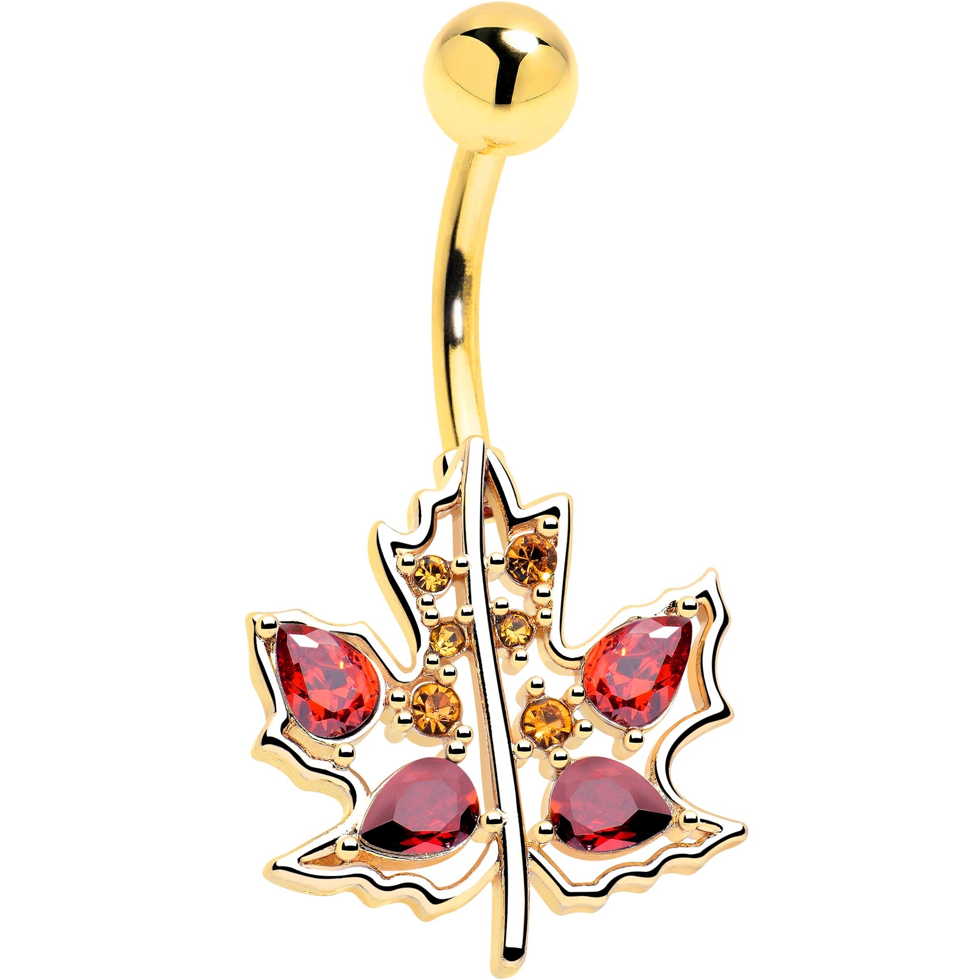 Red Yellow Gem Gold Tone Maple Leaf Autumn Belly Ring