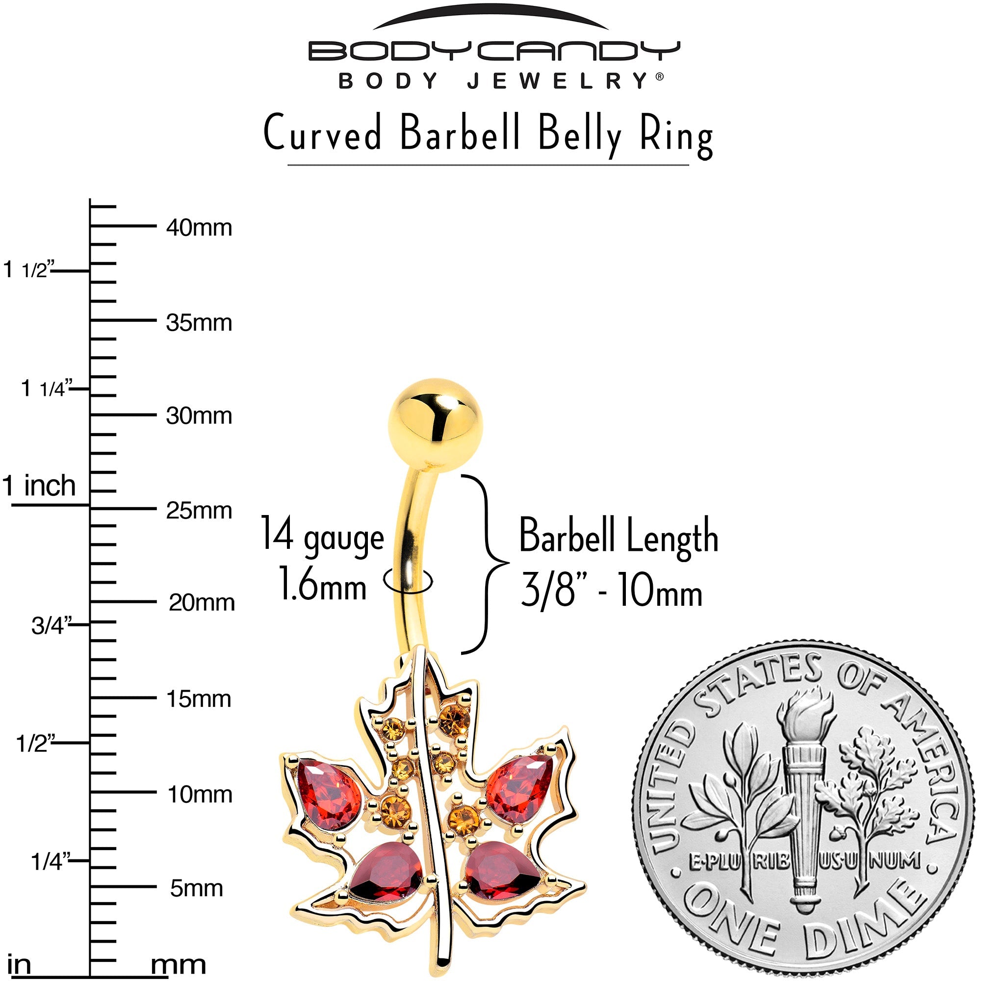 Red Yellow Gem Gold Tone Maple Leaf Autumn Belly Ring