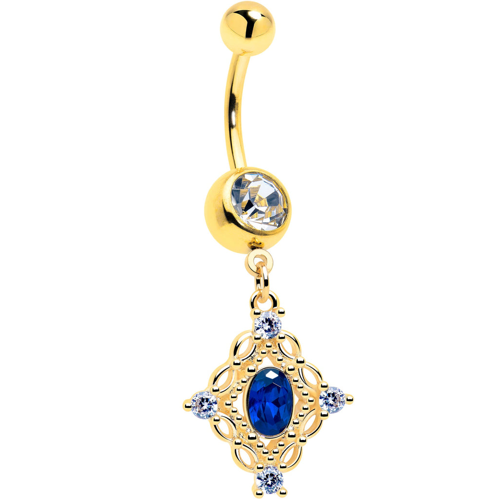 Clear Blue Gem Gold Tone Rich Rhombus Dangle Belly Ring