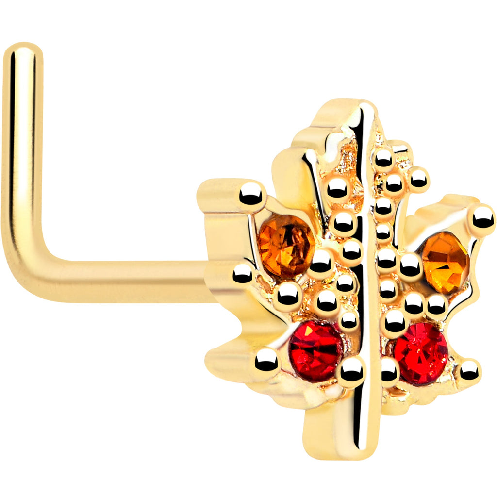 20G 7mm Red Yellow Gem Gold Tone Maple Leaf L Shape Nose Ring