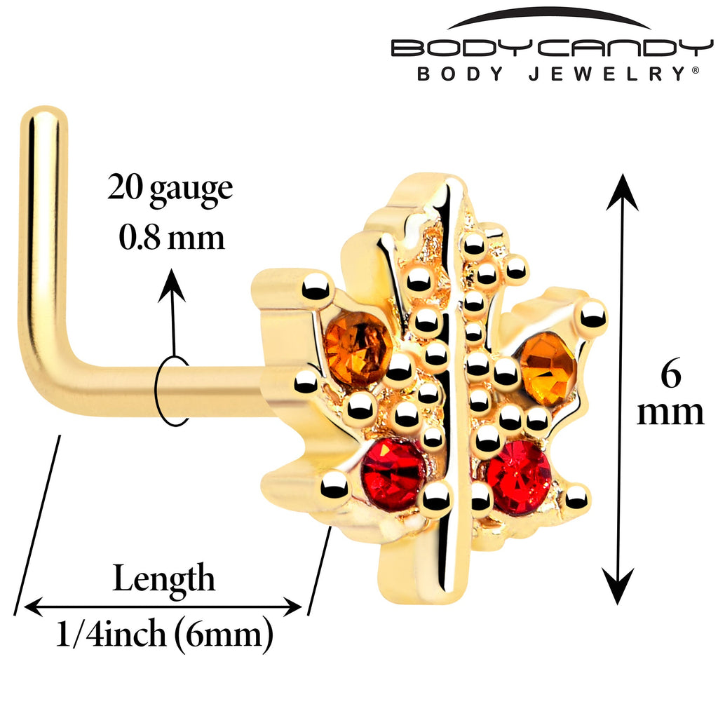 20G 7mm Red Yellow Gem Gold Tone Maple Leaf L Shape Nose Ring