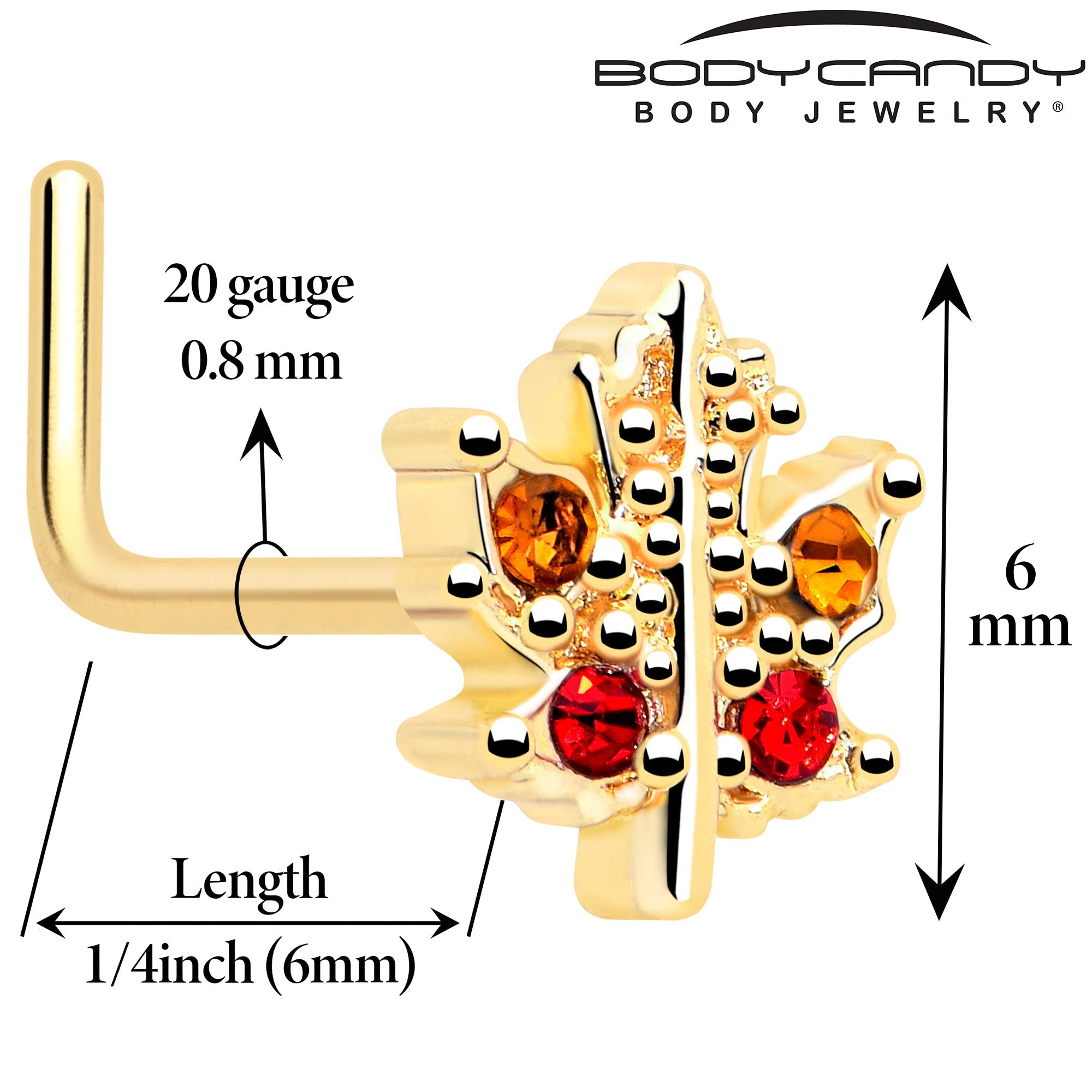 20G 7mm Red Yellow Gem Gold Tone Maple Leaf L Shape Nose Ring