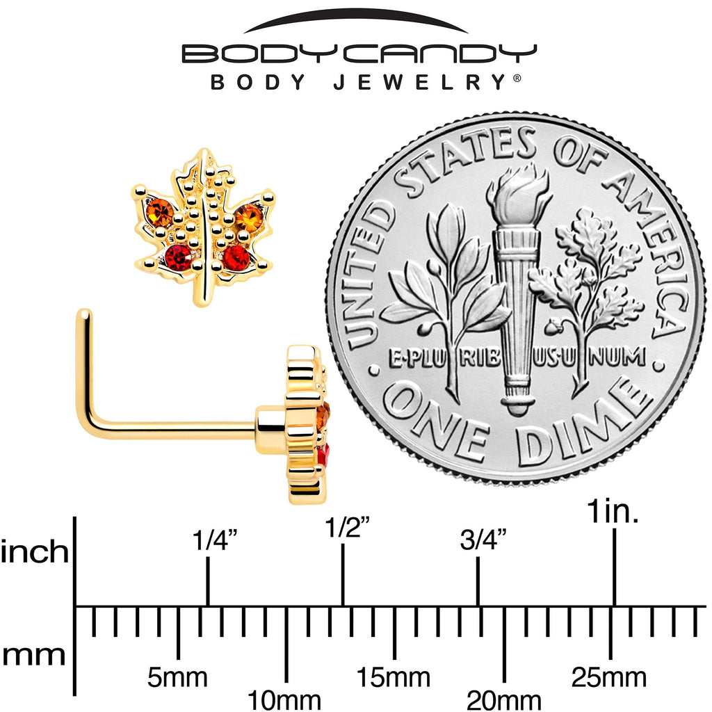 20G 7mm Red Yellow Gem Gold Tone Maple Leaf L Shape Nose Ring