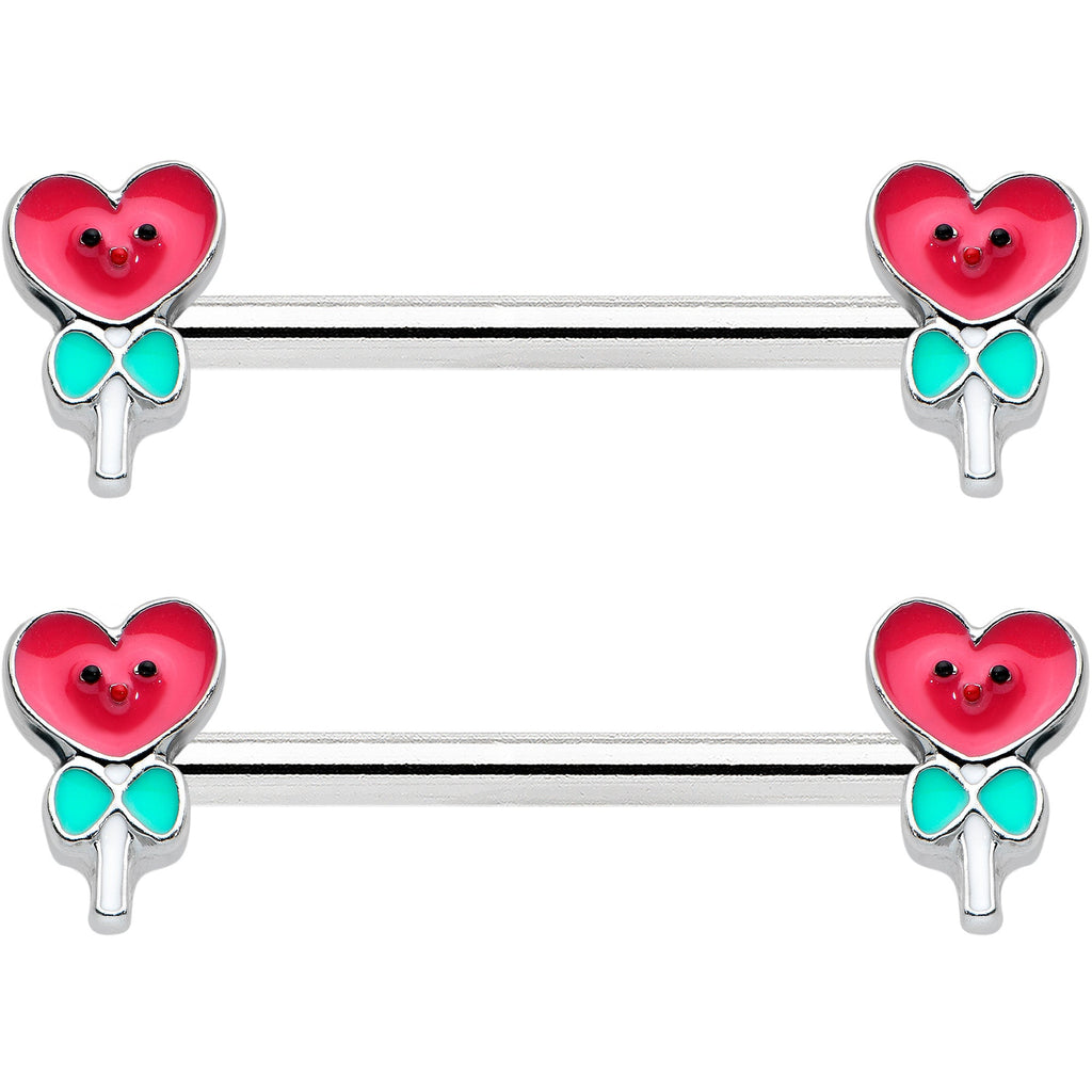 14G 9/16 Sweet Happy Heart Lollipop Barbell Nipple Ring Set