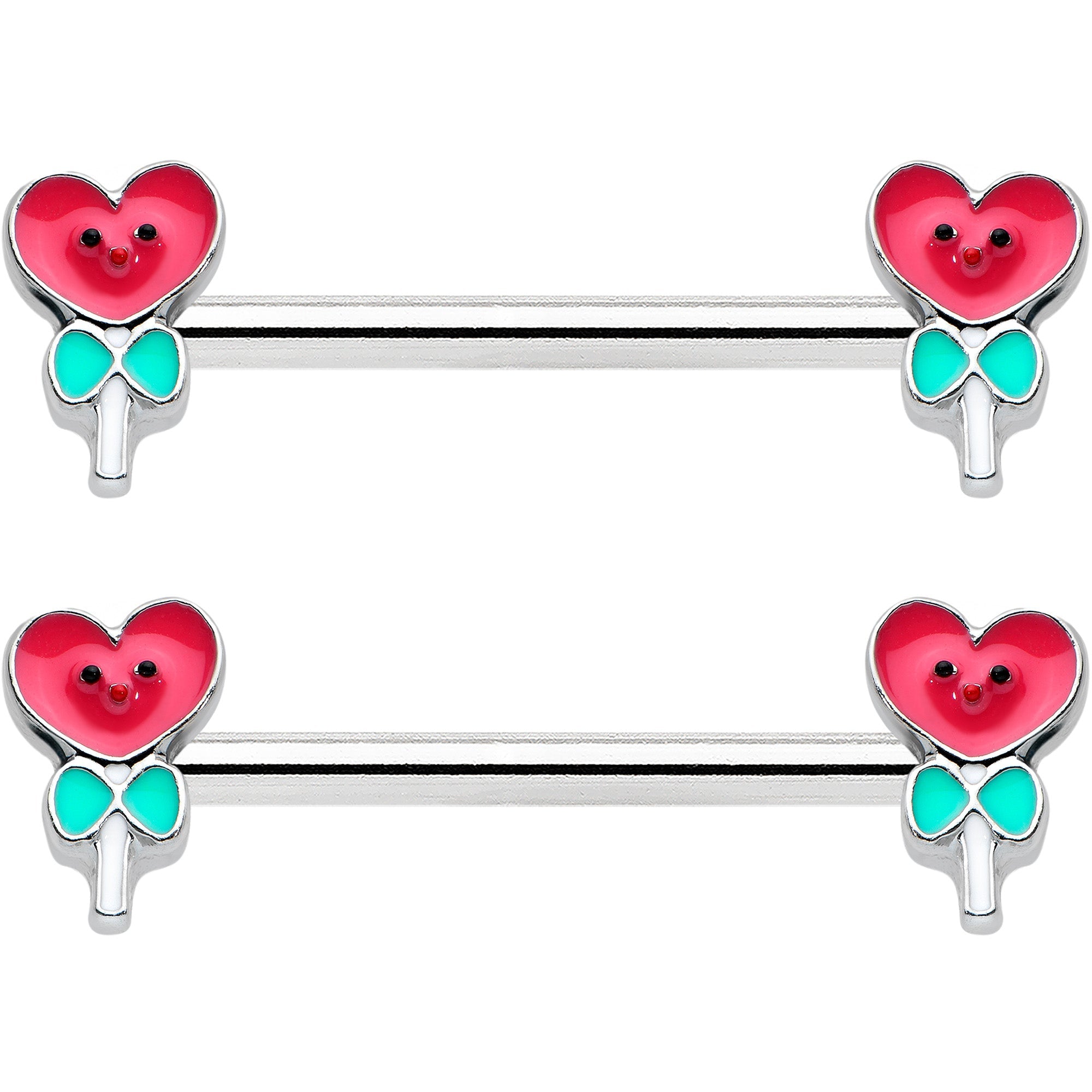 14G 9/16 Sweet Happy Heart Lollipop Barbell Nipple Ring Set