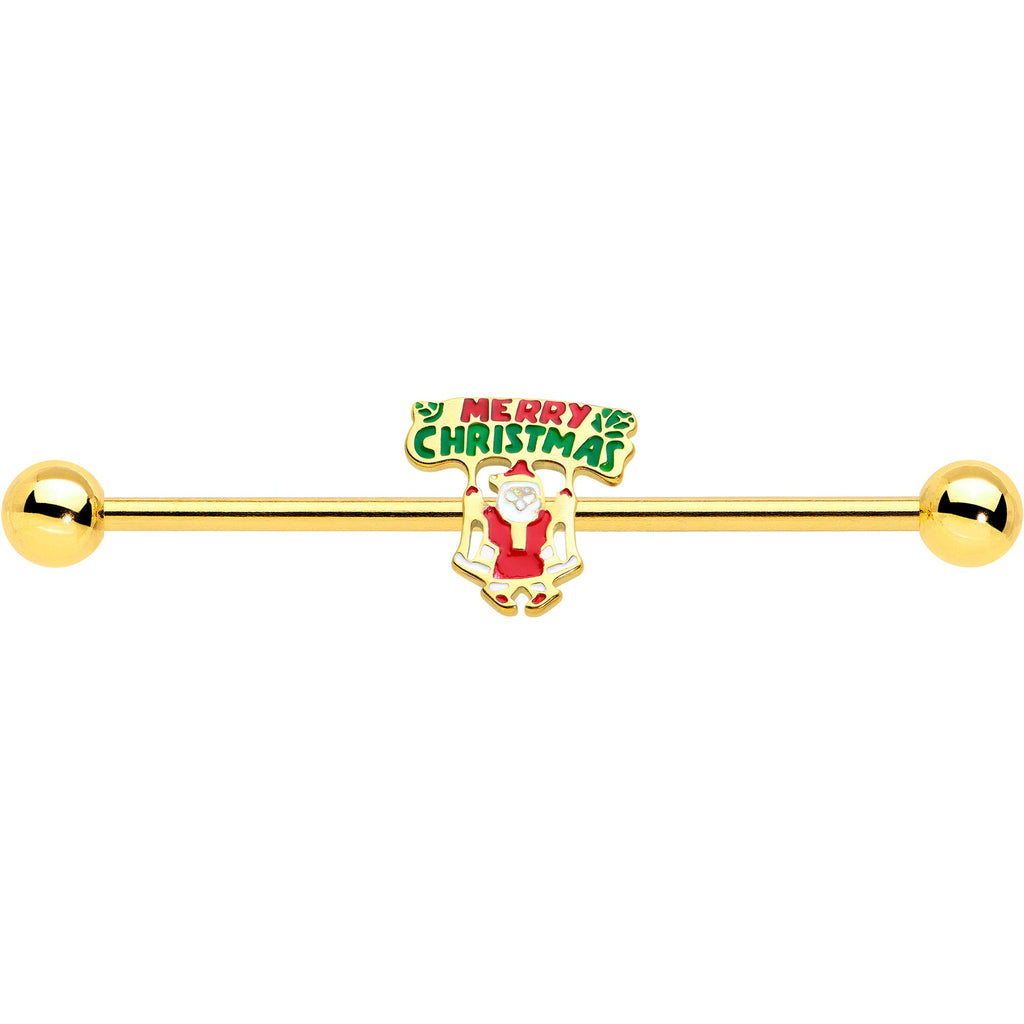 14G Gold Hue Merry Christmas Santa Inlaid Industrial Barbell 38mm