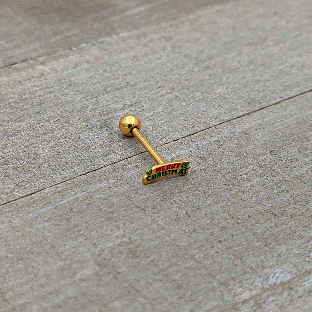 Gold Tone Merry Christmas Inlaid Red Green Barbell Tongue Ring