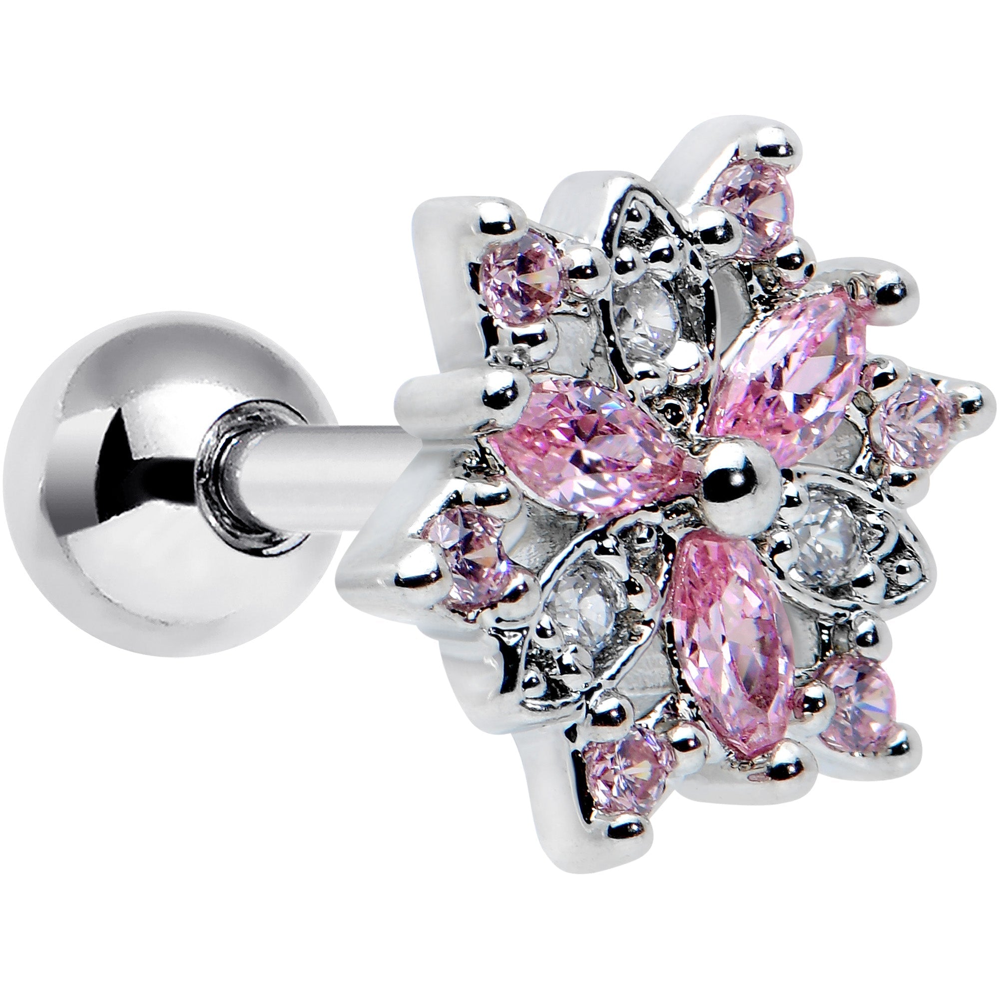 16G 1/4 Pink Clear CZ Gem Snowflake Cartilage Tragus Earring
