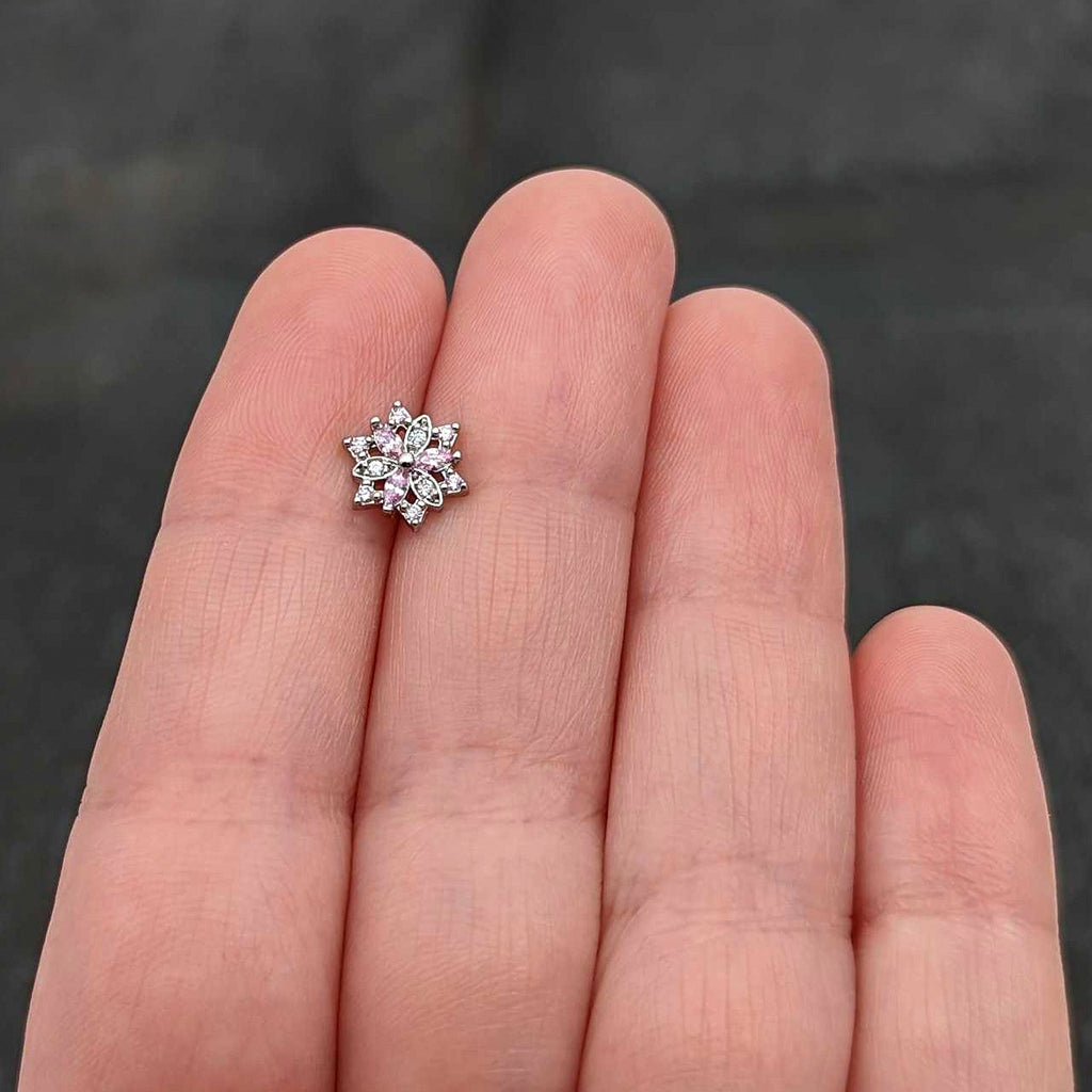 16G 1/4 Pink Clear CZ Gem Snowflake Cartilage Tragus Earring