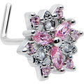 20G 7mm Pink Clear CZ Gem Snowflake L Shape Nose Ring