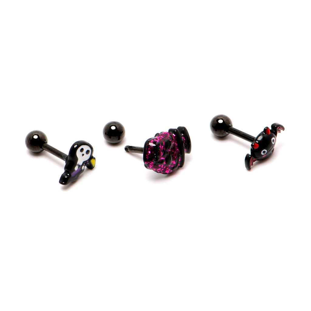16G 1/4 Black Halloween Skull Bat Reaper Cartilage Earring Set of 3