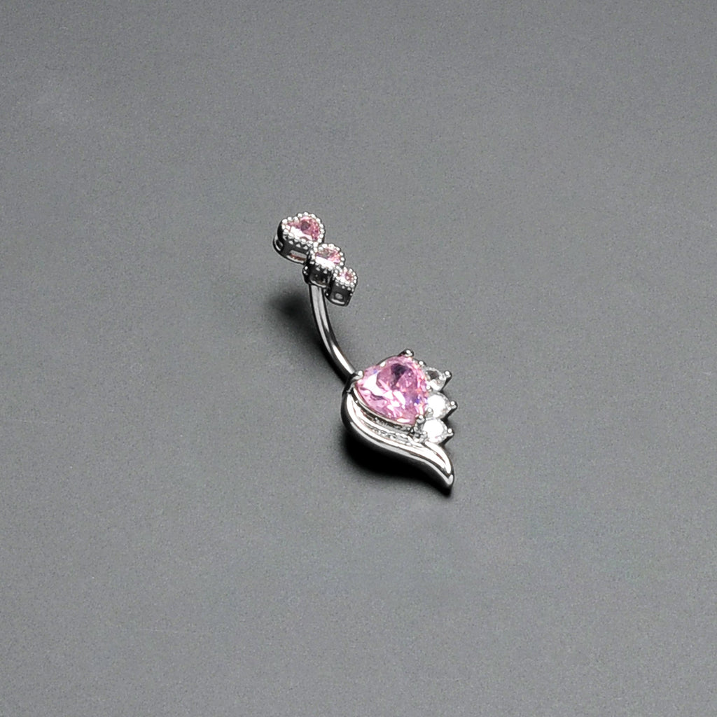 Pink CZ Gem Triple Drop Flare Heart Valentine Double Mount Belly Ring