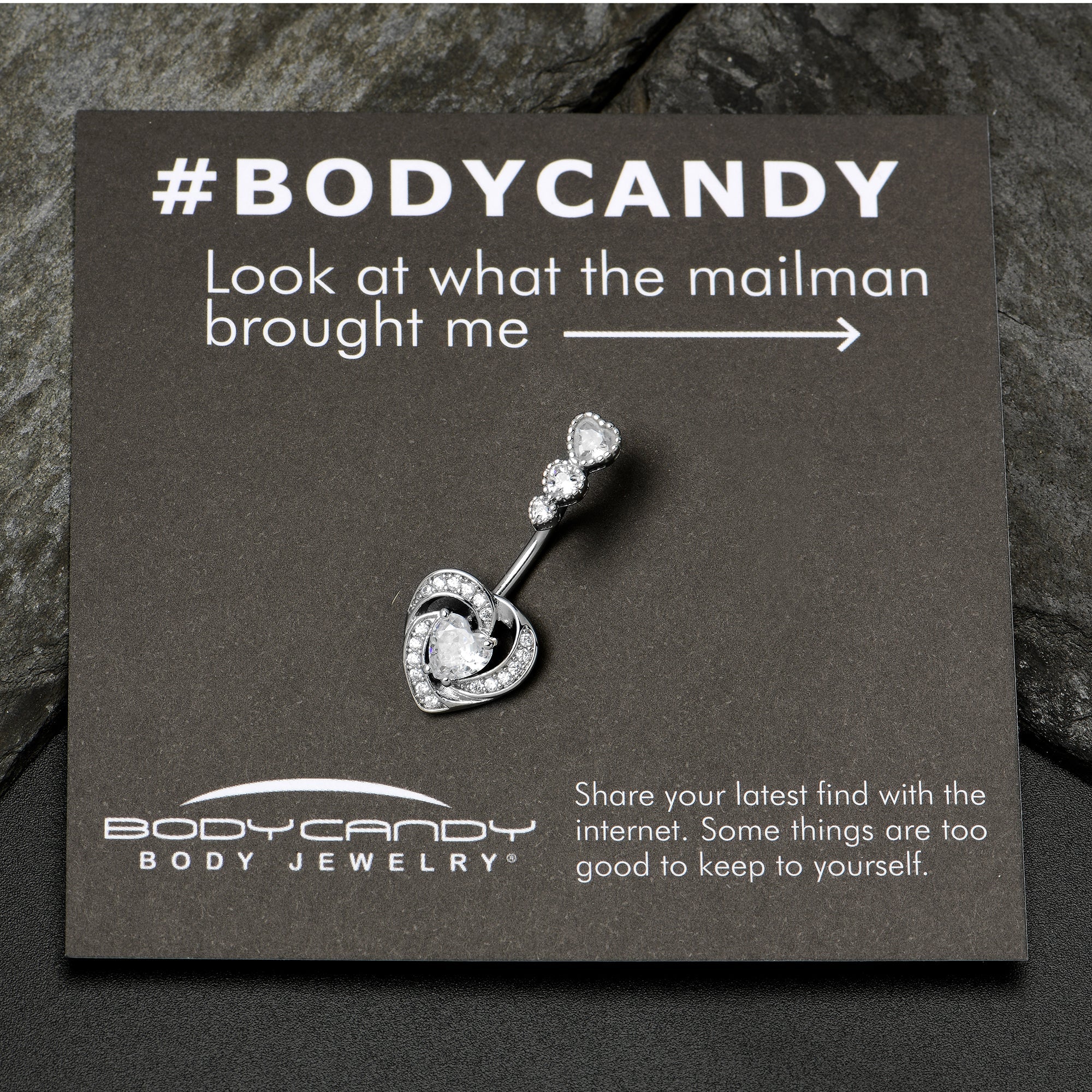 Clear CZ Gem Triple Drop Swirl Heart Valentine Double Mount Belly Ring