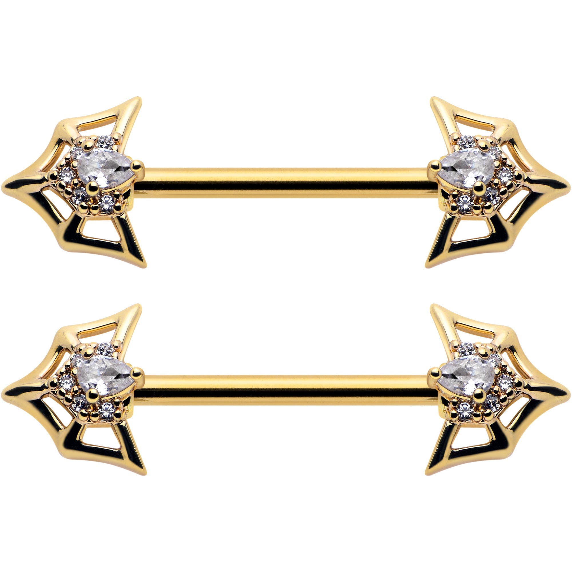 14G 5/8 Clear Gem Gold Tone Spider Bat Barbell Nipple Ring Set