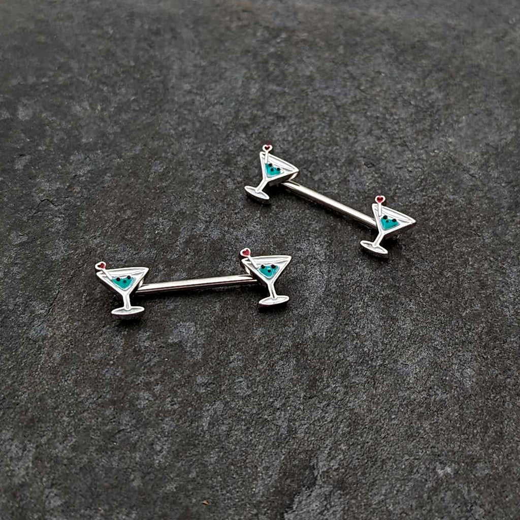14G 9/16 Sweet Martini Glass Heart Barbell Nipple Ring Set