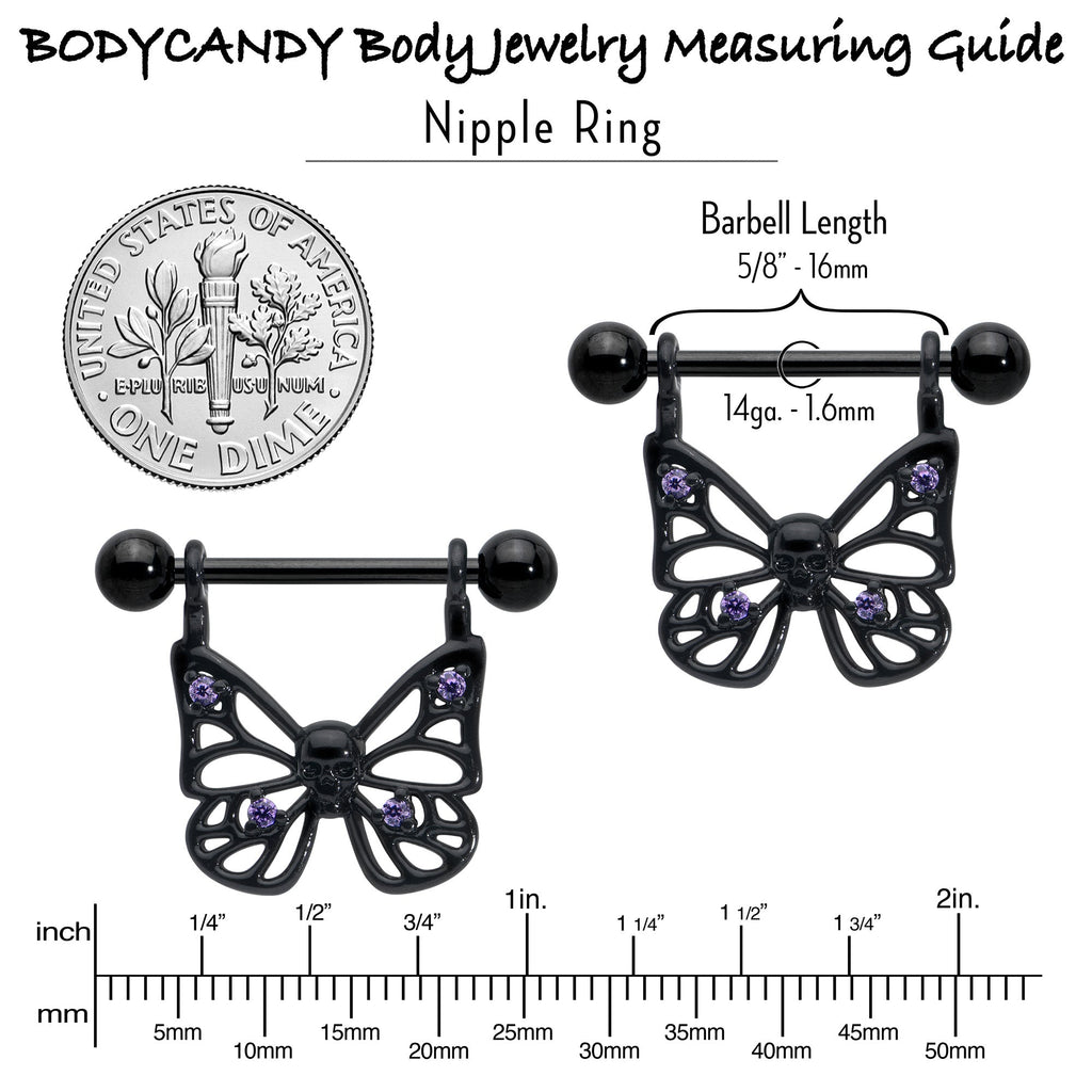 14G 11/16 Purple CZ Gem Black Skull Butterfly Dangle Nipple Ring Set