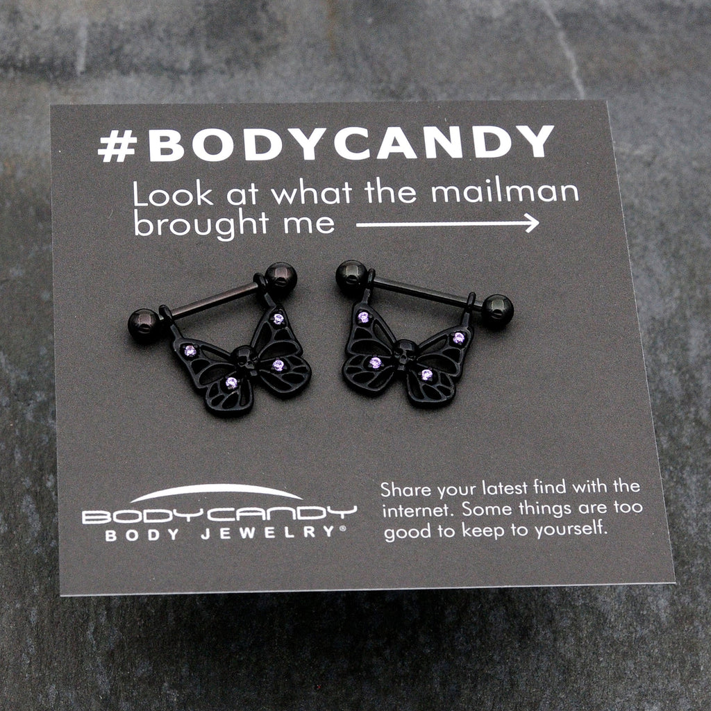 14G 11/16 Purple CZ Gem Black Skull Butterfly Dangle Nipple Ring Set