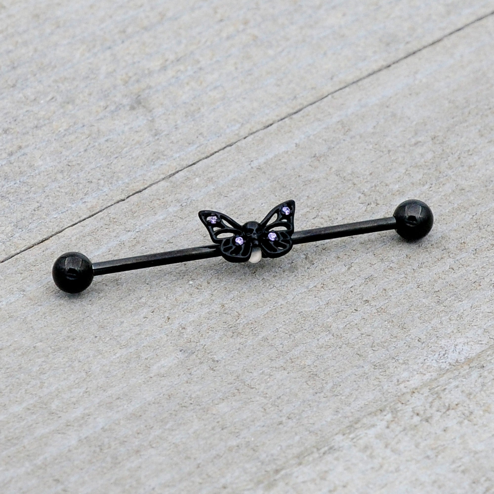 14G Purple CZ Gem Black Skull Butterfly Industrial Barbell 38mm