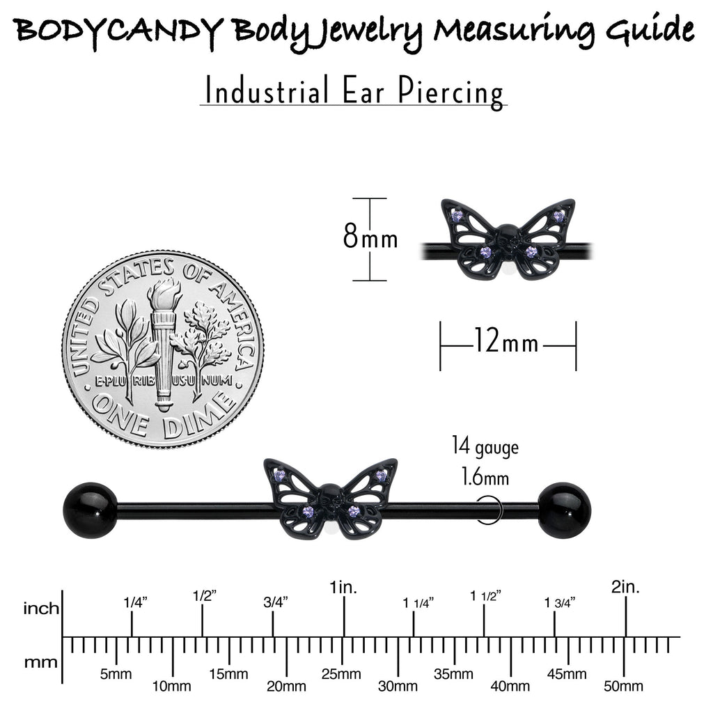 14G Purple CZ Gem Black Skull Butterfly Industrial Barbell 38mm