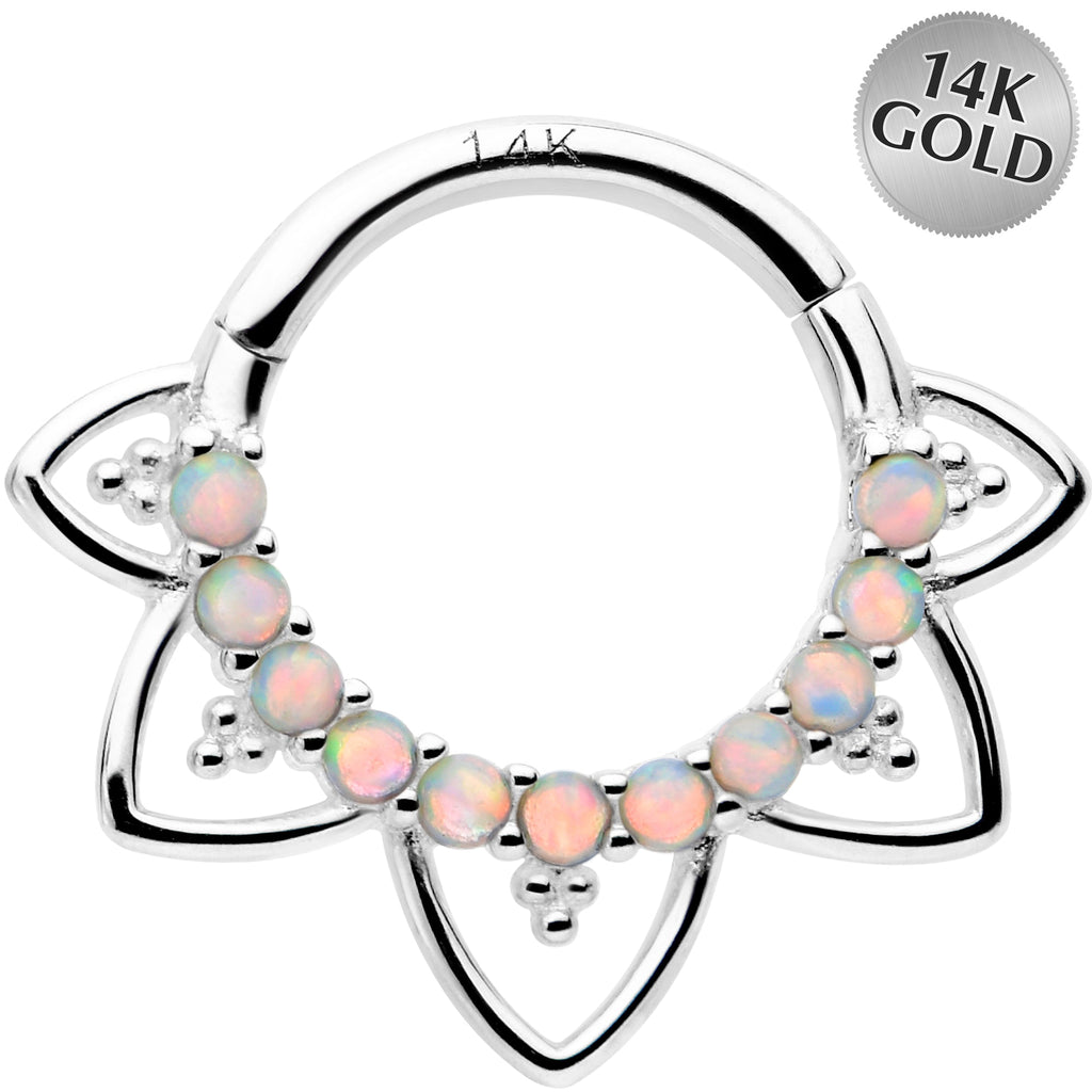16G 5/16 White Synthetic Opal 14k White Gold Filigree Hinged Segment Ring