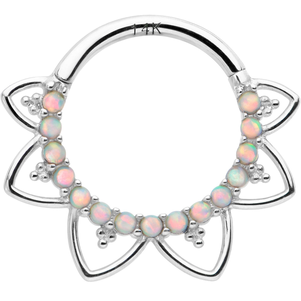 16G 3/8 White Synthetic Opal 14k White Gold Filigree Hinged Segment Ring