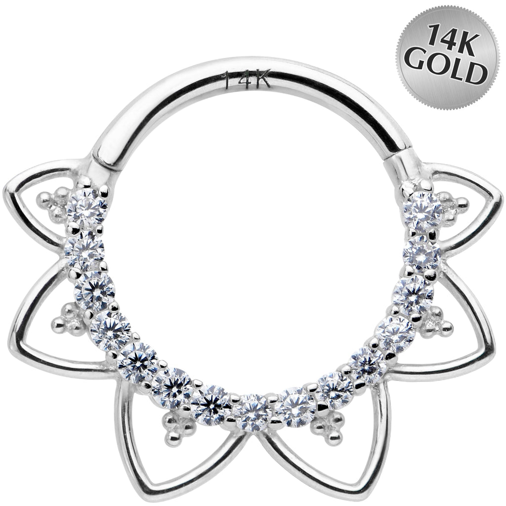 16G 3/8 Clear CZ Gem 14k White Gold Filigree Hinged Segment Ring