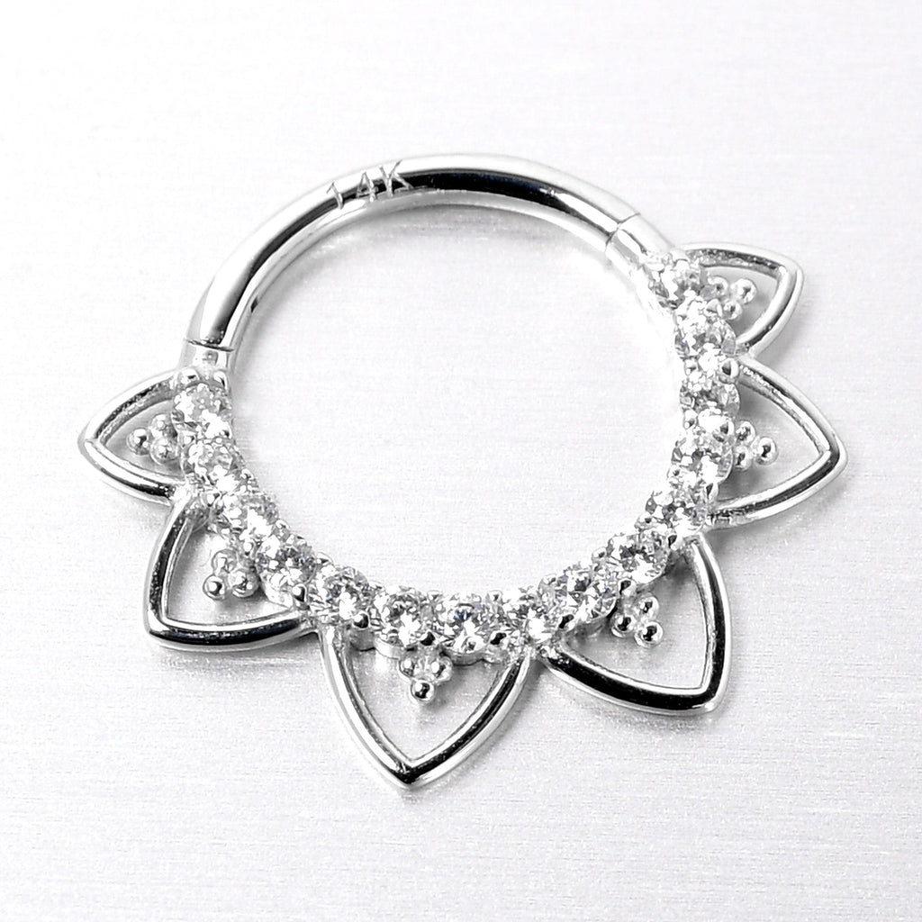 16G 3/8 Clear CZ Gem 14k White Gold Filigree Hinged Segment Ring