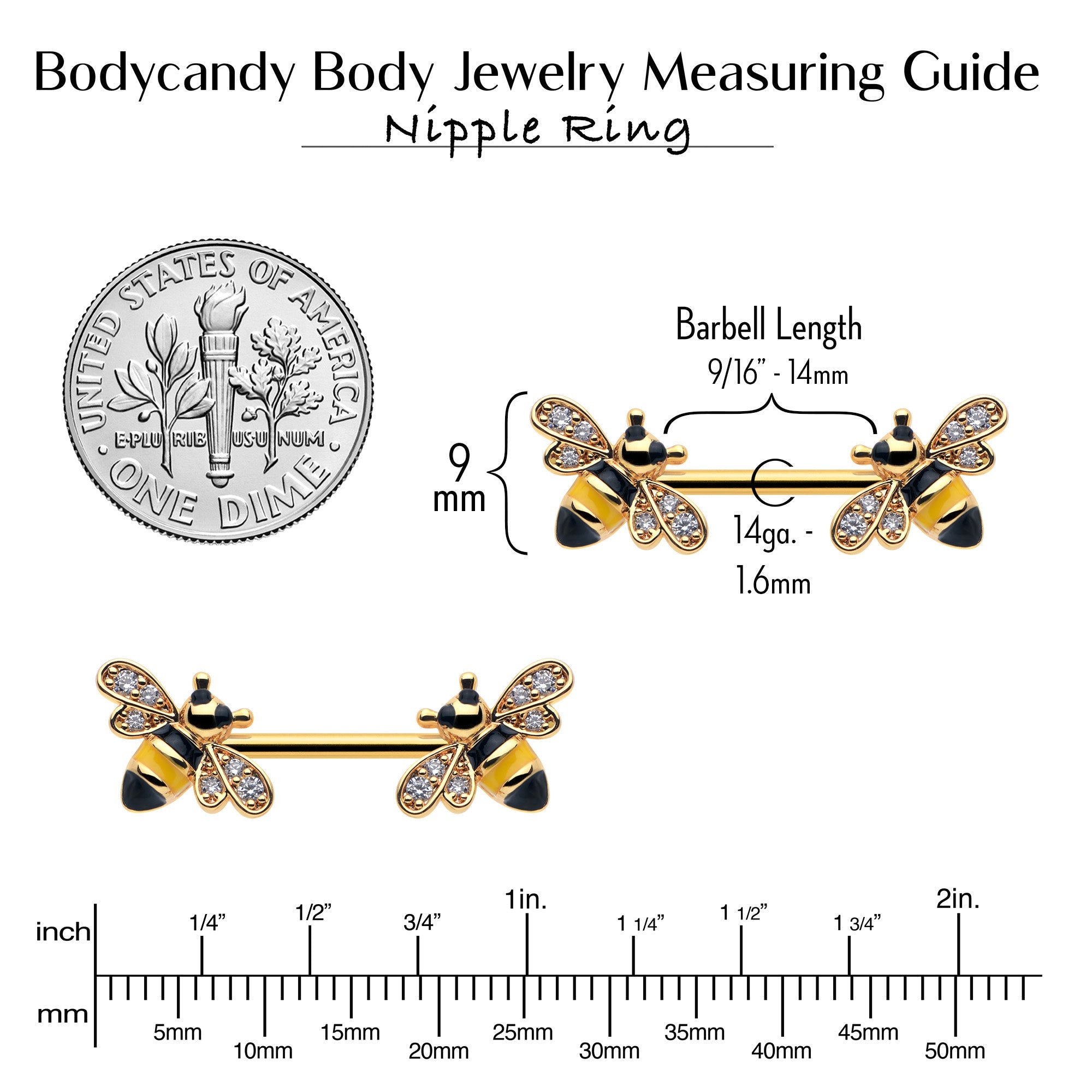 14G 9/16 Clear CZ Gem Gold Hue Honey Bees Barbell Nipple Ring Set