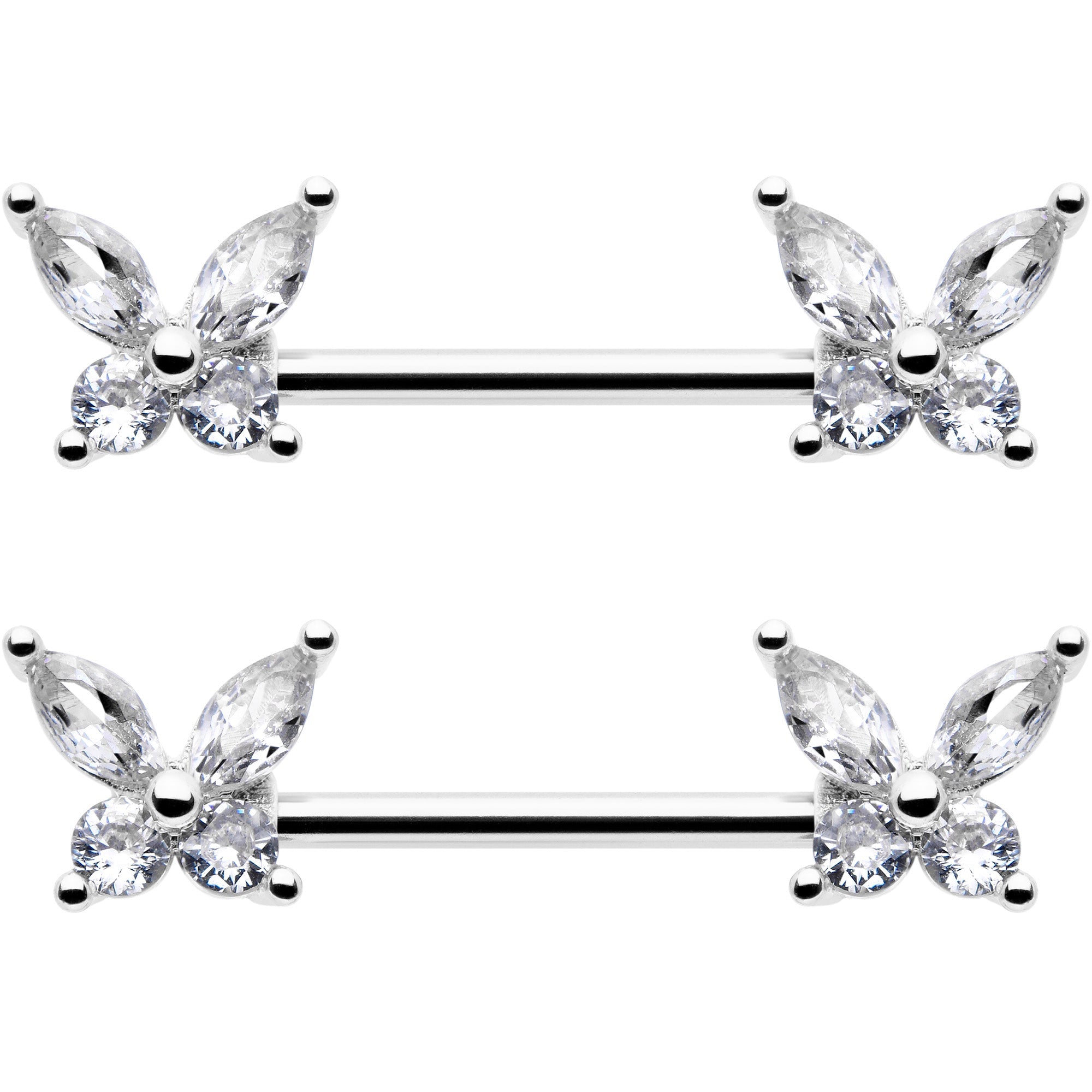 14G 9/16 Clear CZ Gem Butterflies Barbell Nipple Ring Set