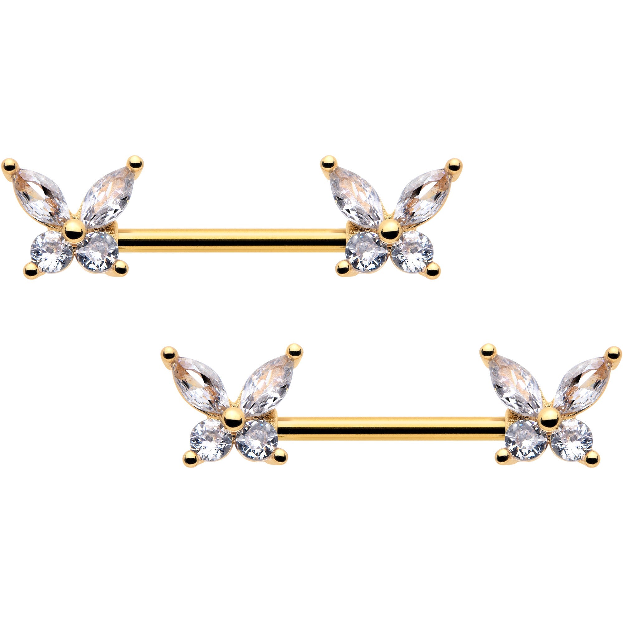14G 9/16 Clear CZ Gem Gold Tone Butterflies Barbell Nipple Ring Set