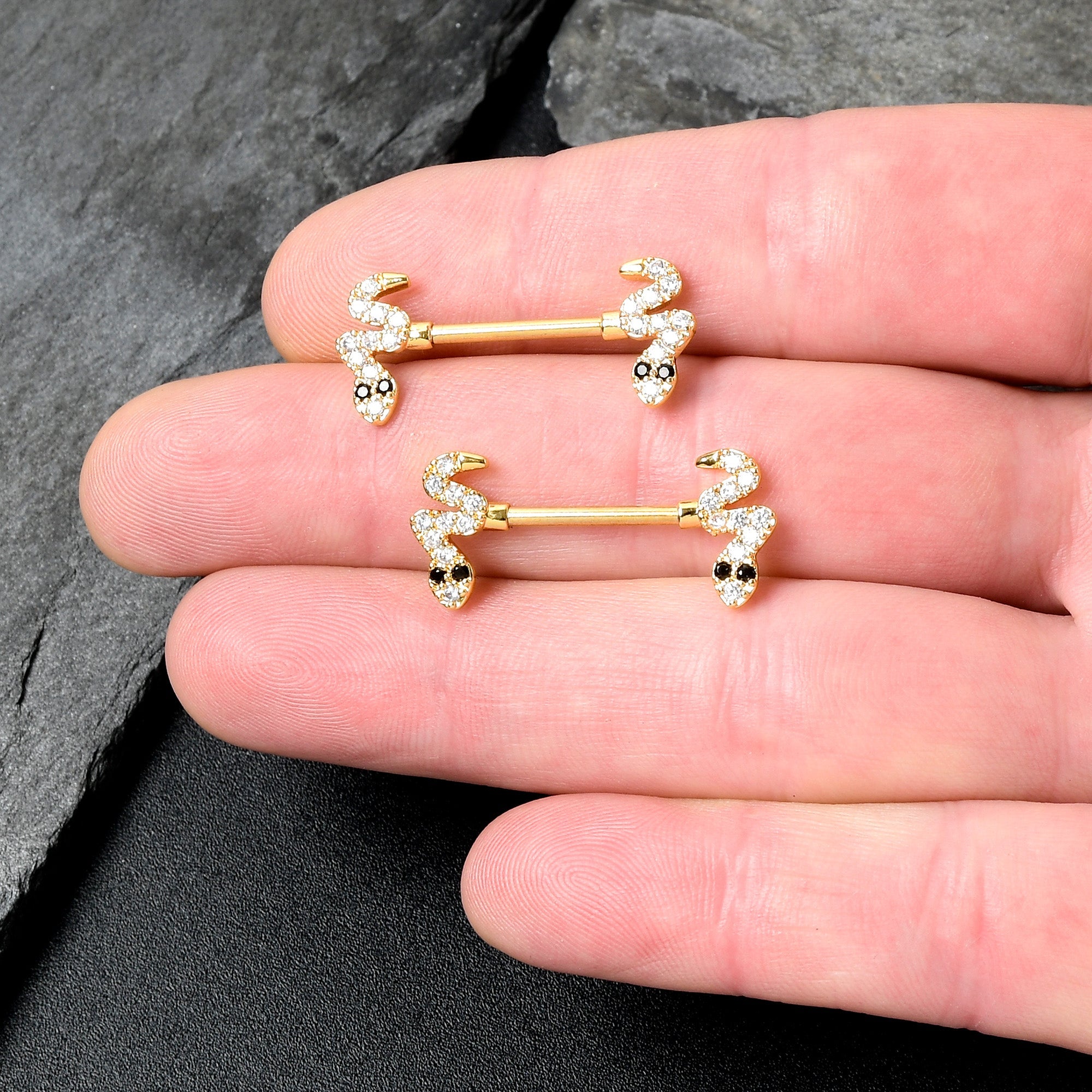 14G 9/16 Clear Black CZ Gem Gold Tone Sexy Snakes Nipple Ring Set