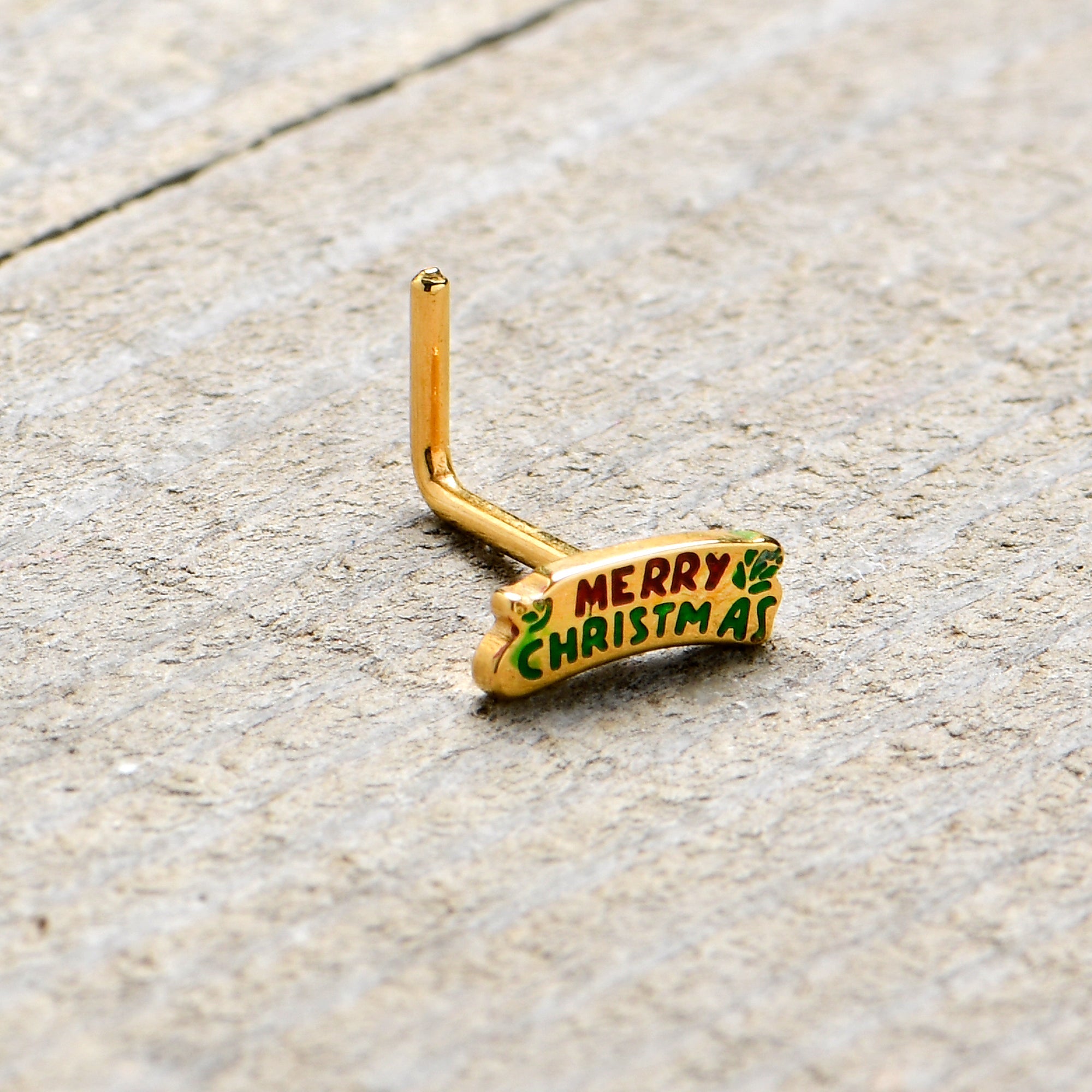 20G 7mm Gold Tone Merry Christmas Inlaid L Shape Nose Ring