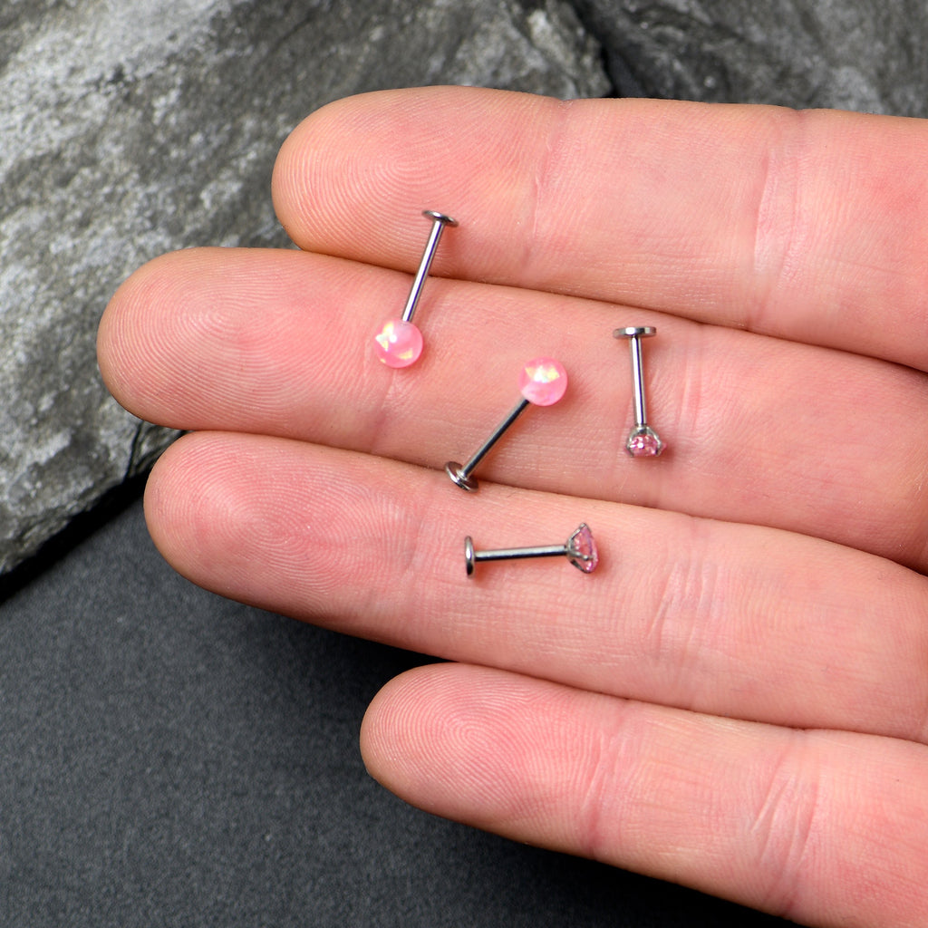 16G 5/16 3/8 Pink Gem Faux Opal Labret Monroe Tragus Set of 4