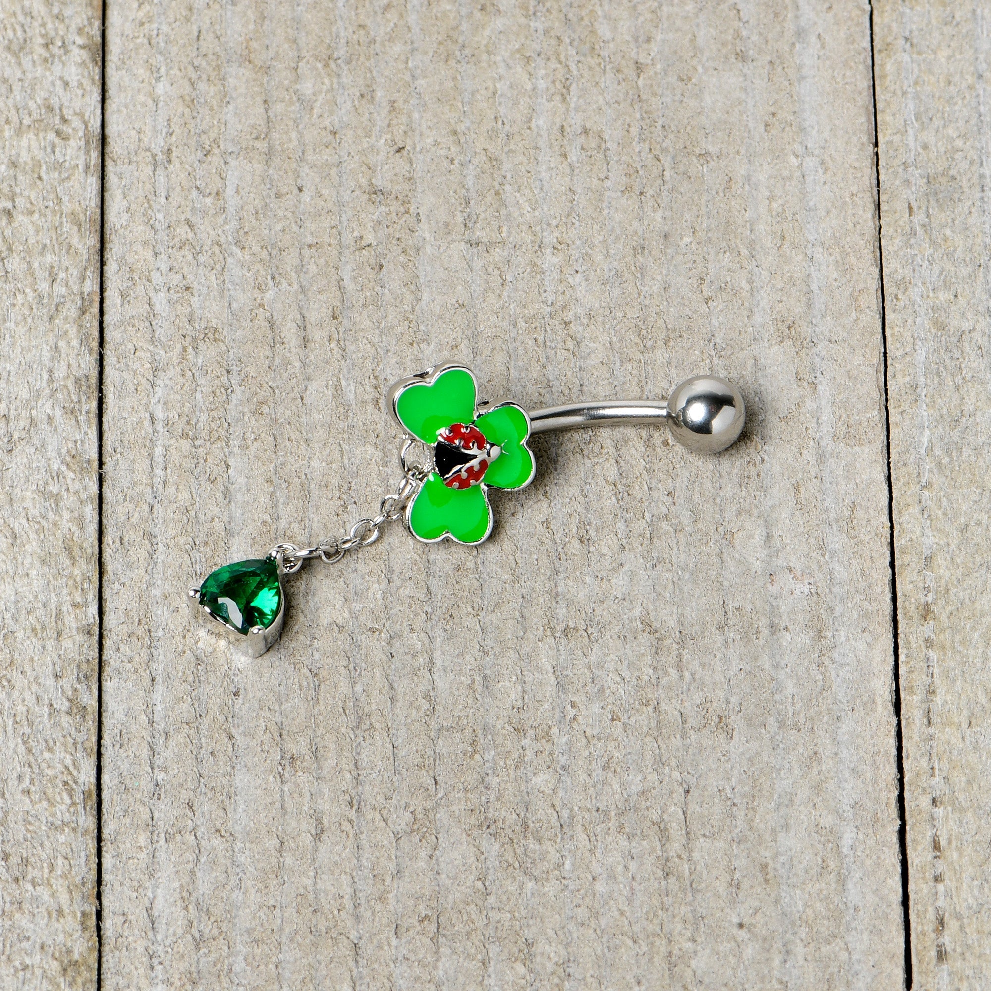 Green Gem Shamrock Ladybug St Patricks Dangle Belly Ring