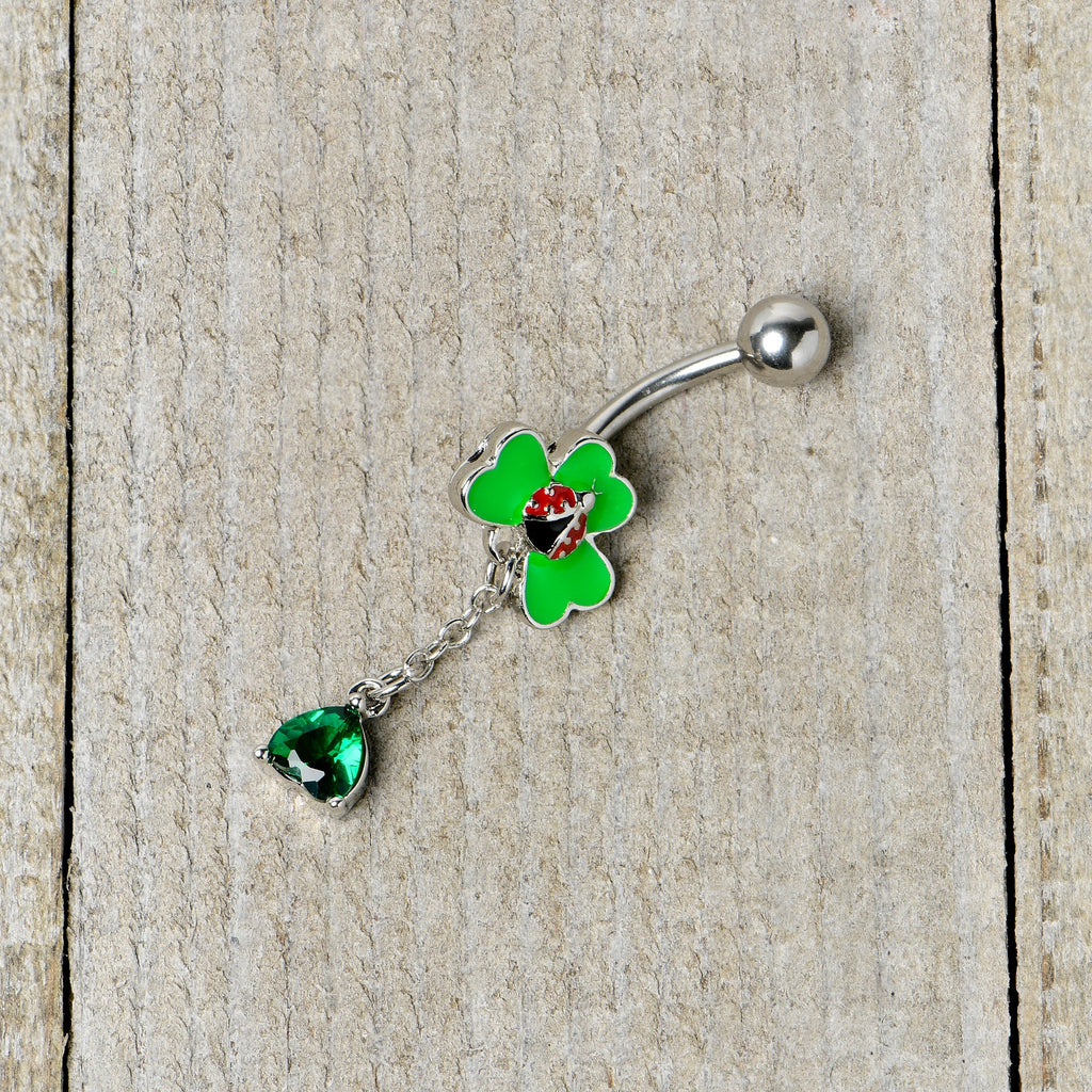 Green Gem Shamrock Ladybug St Patricks Dangle Belly Ring