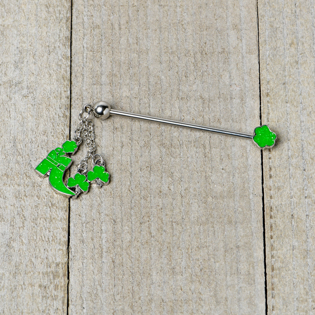 14G Glow in Dark Leprechaun Boot Dangle Industrial Barbell 38mm