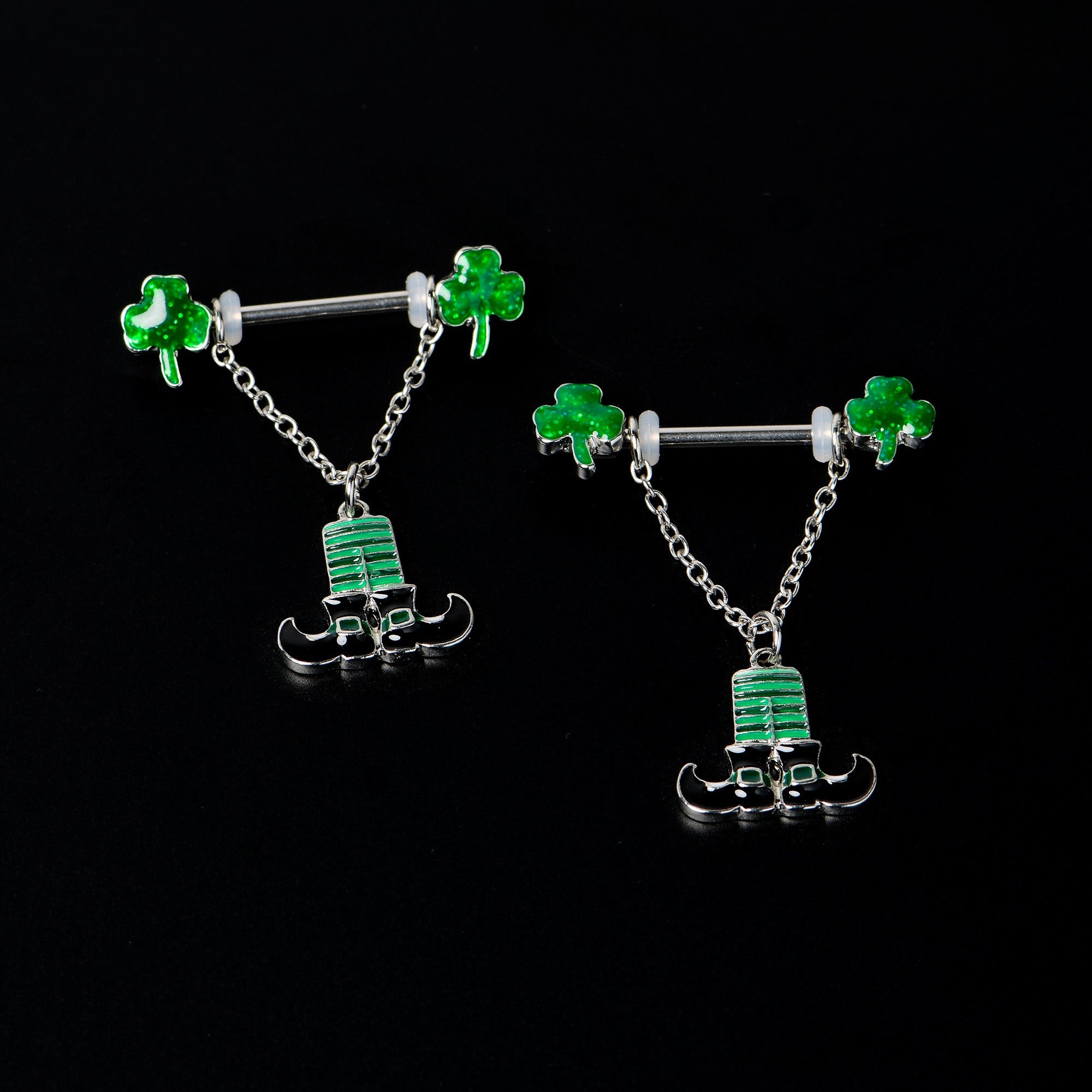 14G 11/16 Leprechaun Legs Shamrock Chain Dangle Nipple Ring Set