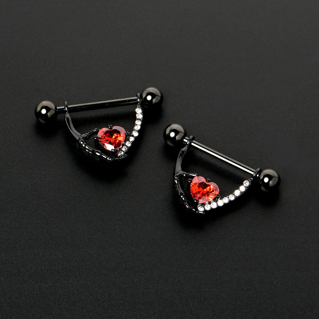 14G 11/16 Red Clear CZ Gem Heart Claw Hand Dangle Nipple Ring Set